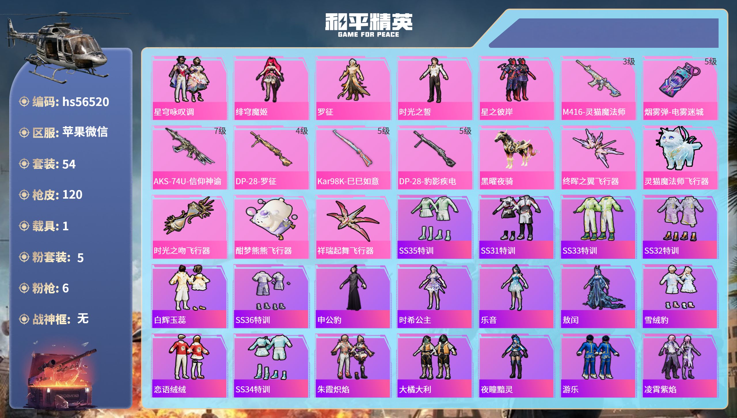 和平精英账号苹果微信hs56520 苹果微信-5王牌印记-5粉装-6特效枪-1载具-34133热力值-54套装-120枪