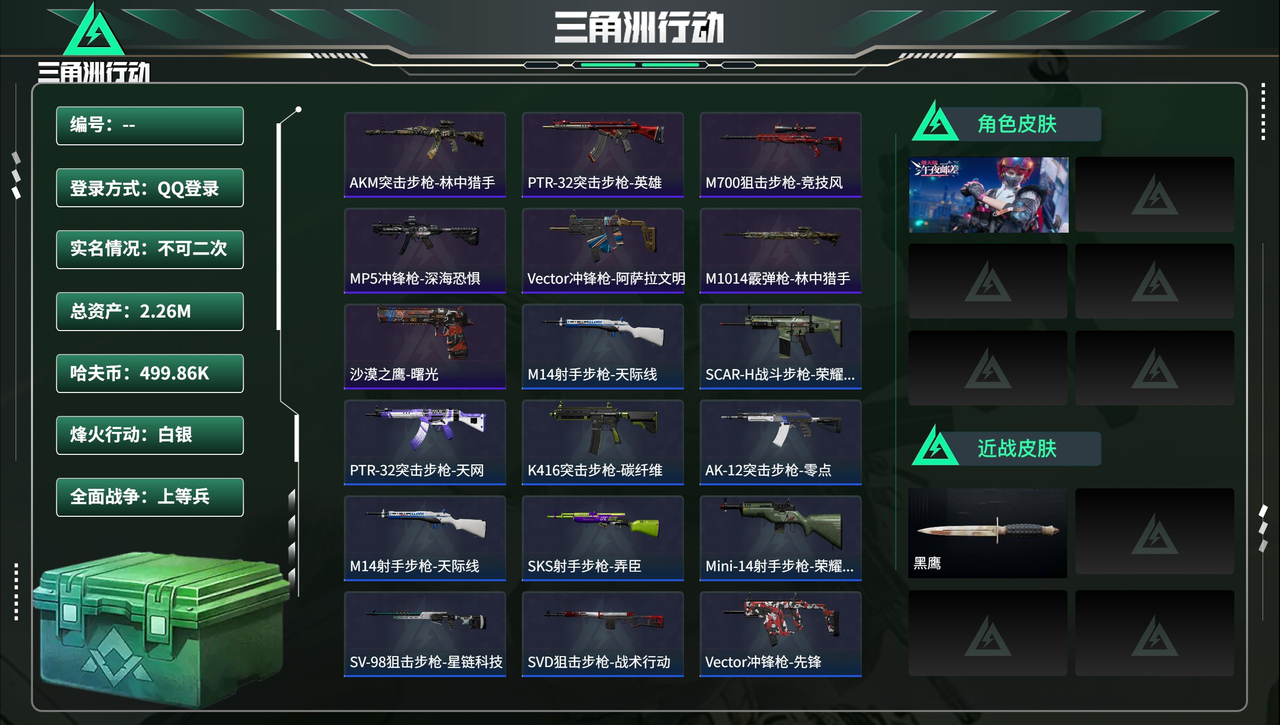 三角洲行动账号QQ总资产2.26M，哈夫币 499.86K，战场等级:24 上等兵，行动等级:32 白银，角色皮肤1，