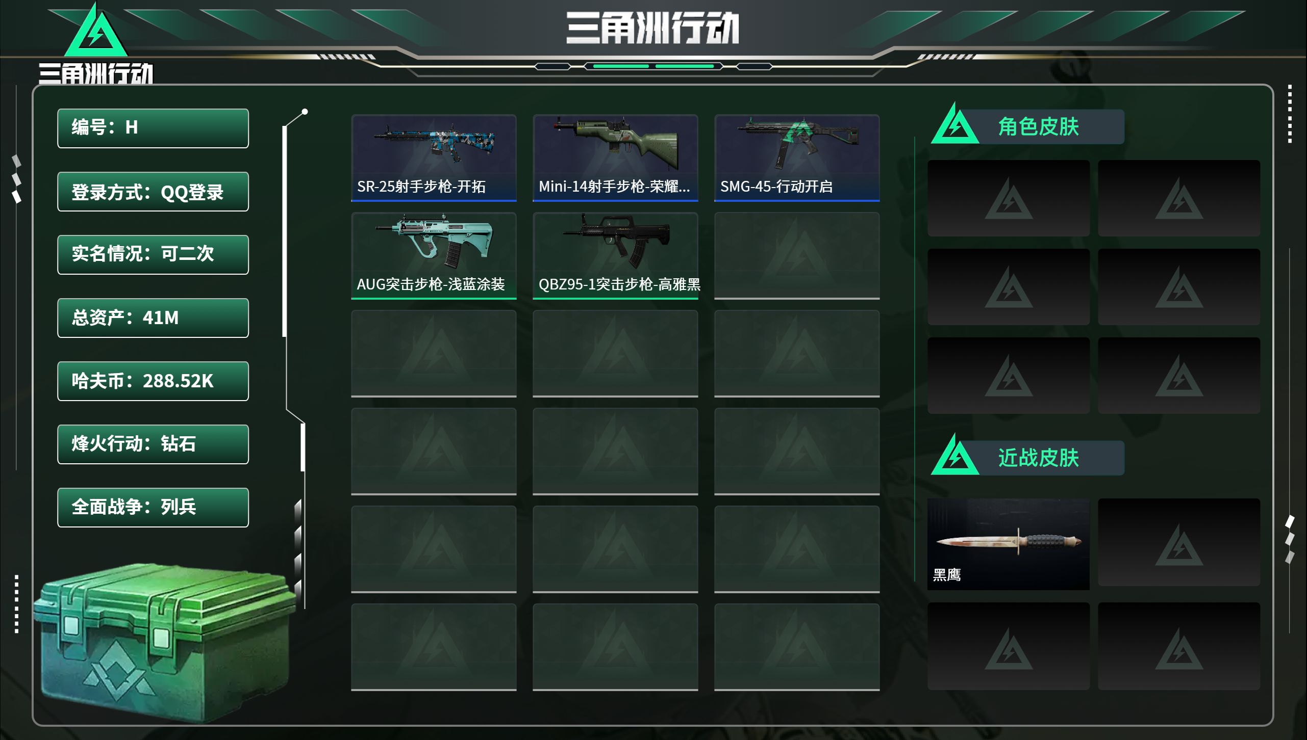 三角洲行动账号QQ总资产41.5M，哈夫币 288.52K，战场等级:1 列兵，行动等级:33 钻石，角色皮肤0，枪皮