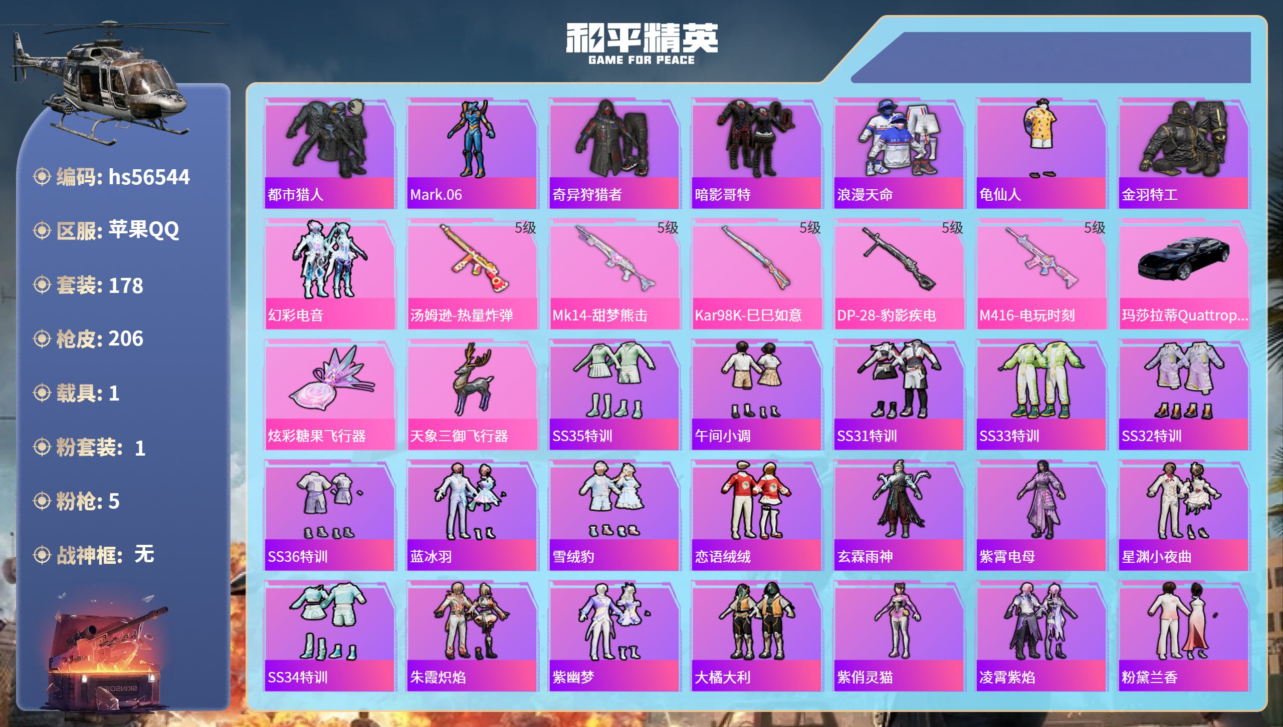 和平精英账号苹果QQhs56544苹果手Q-13王牌印记-1粉装-5特效枪-1载具-59445热力值-178套装-206