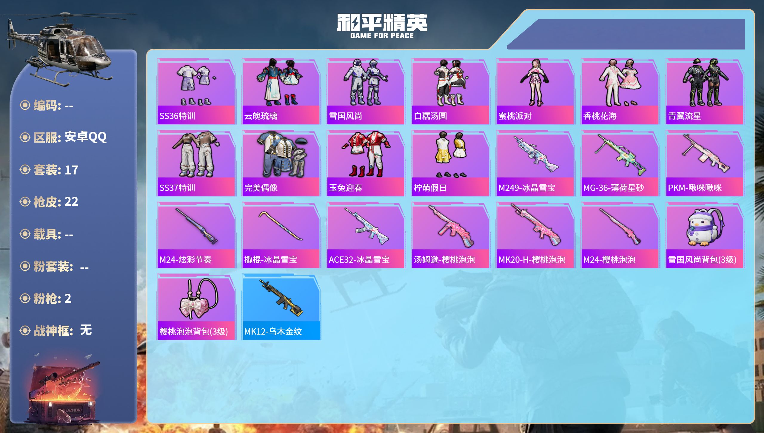 和平精英账号安卓QQhs61856安卓手Q-0王牌印记-2特效枪-5388热力值-17套装-22枪皮
【2特效枪】UMP