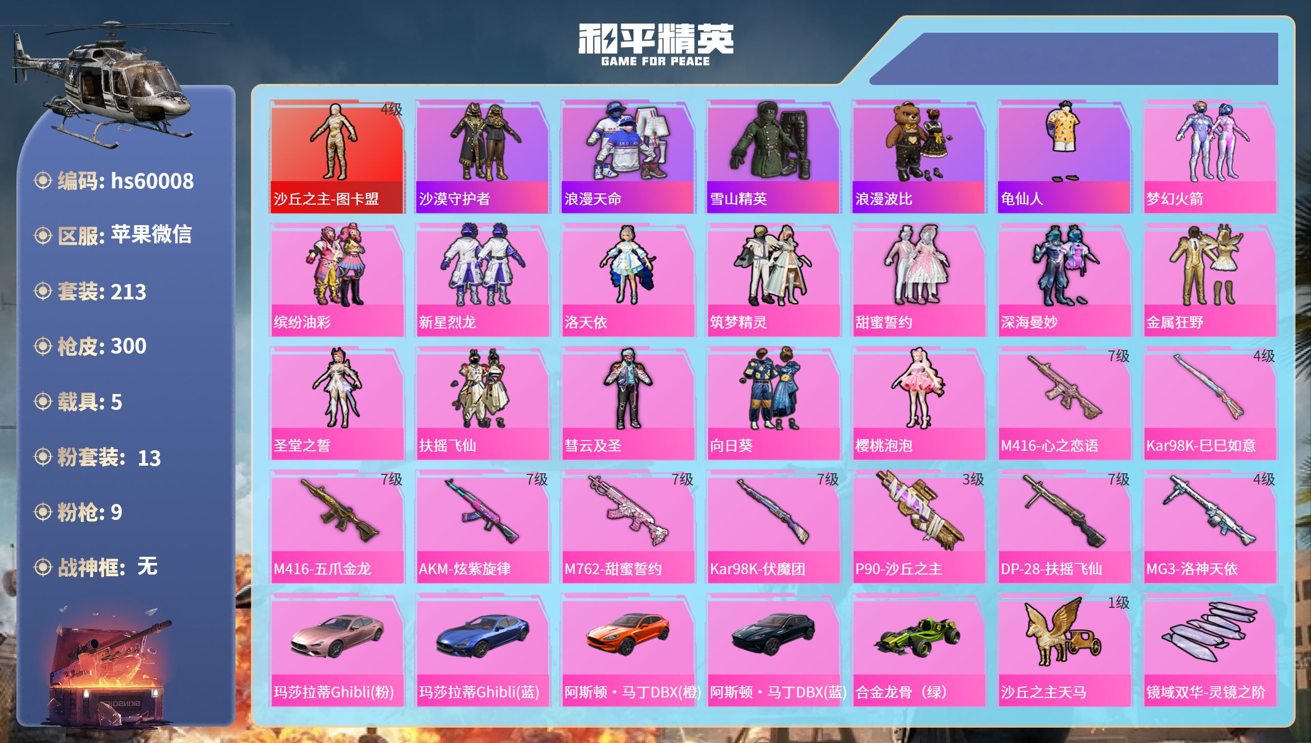 和平精英账号苹果微信5载具-213套装-300枪皮-hs60008 苹果微信-25王牌印记-1红装-13粉装-9特效枪-