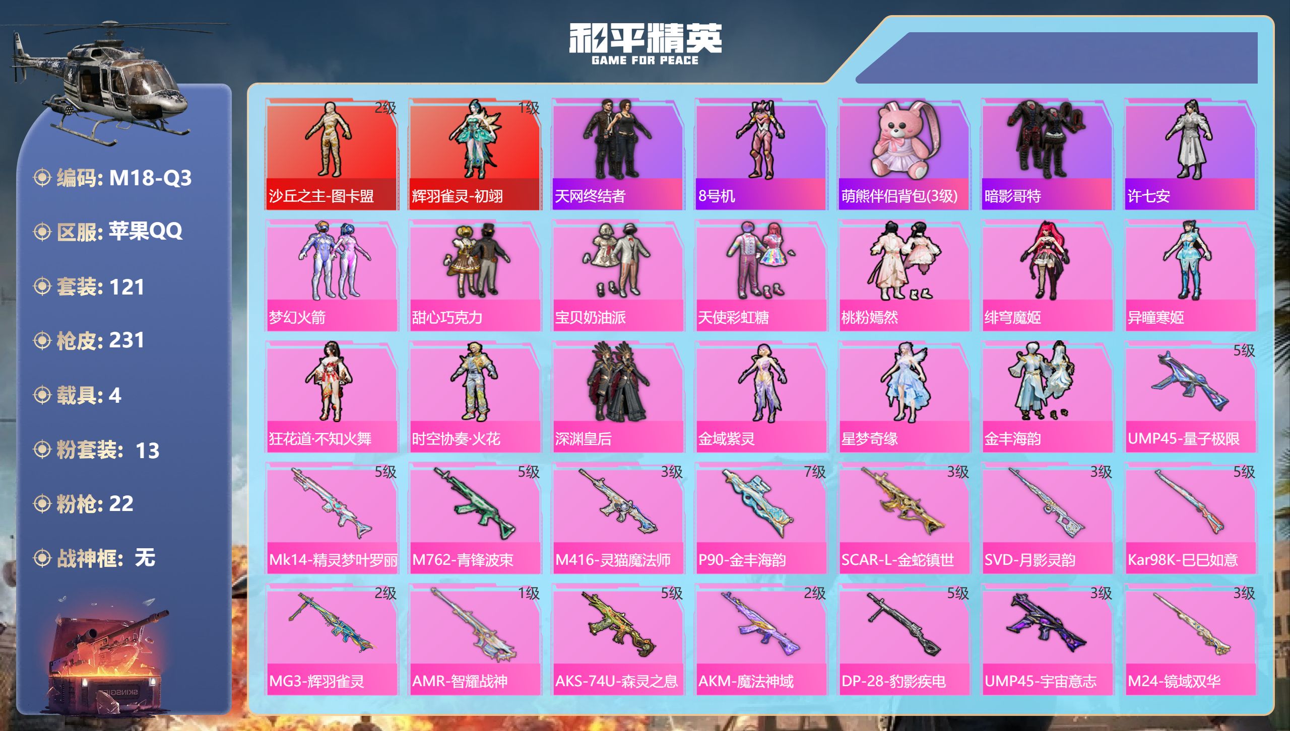 和平精英账号苹果QQ4载具-121套装-231枪皮-图卡盟2级 初翊 天网 三姐妹 AUG-星梦奇缘2级 m4黄金龙骨 