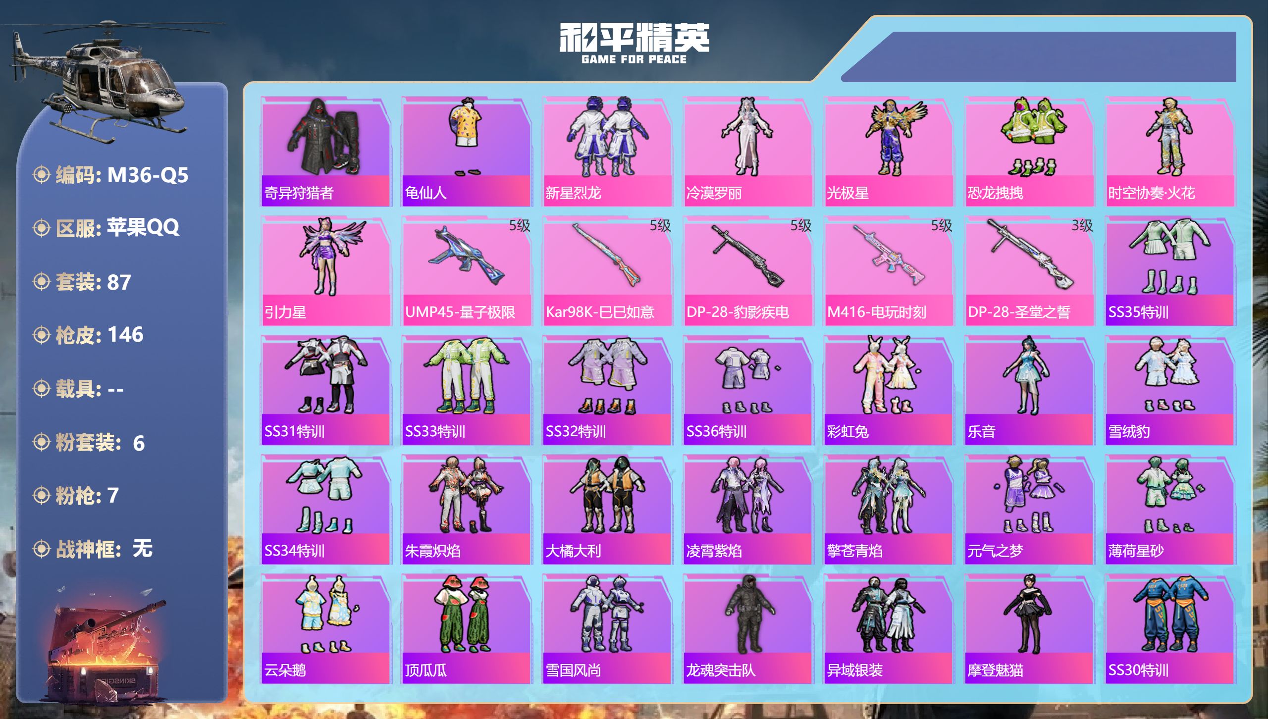 和平精英账号苹果QQ0载具-87套装-146枪皮-Q社交限制-1稀有6粉装7特效枪3热门87套装146枪皮 40877热