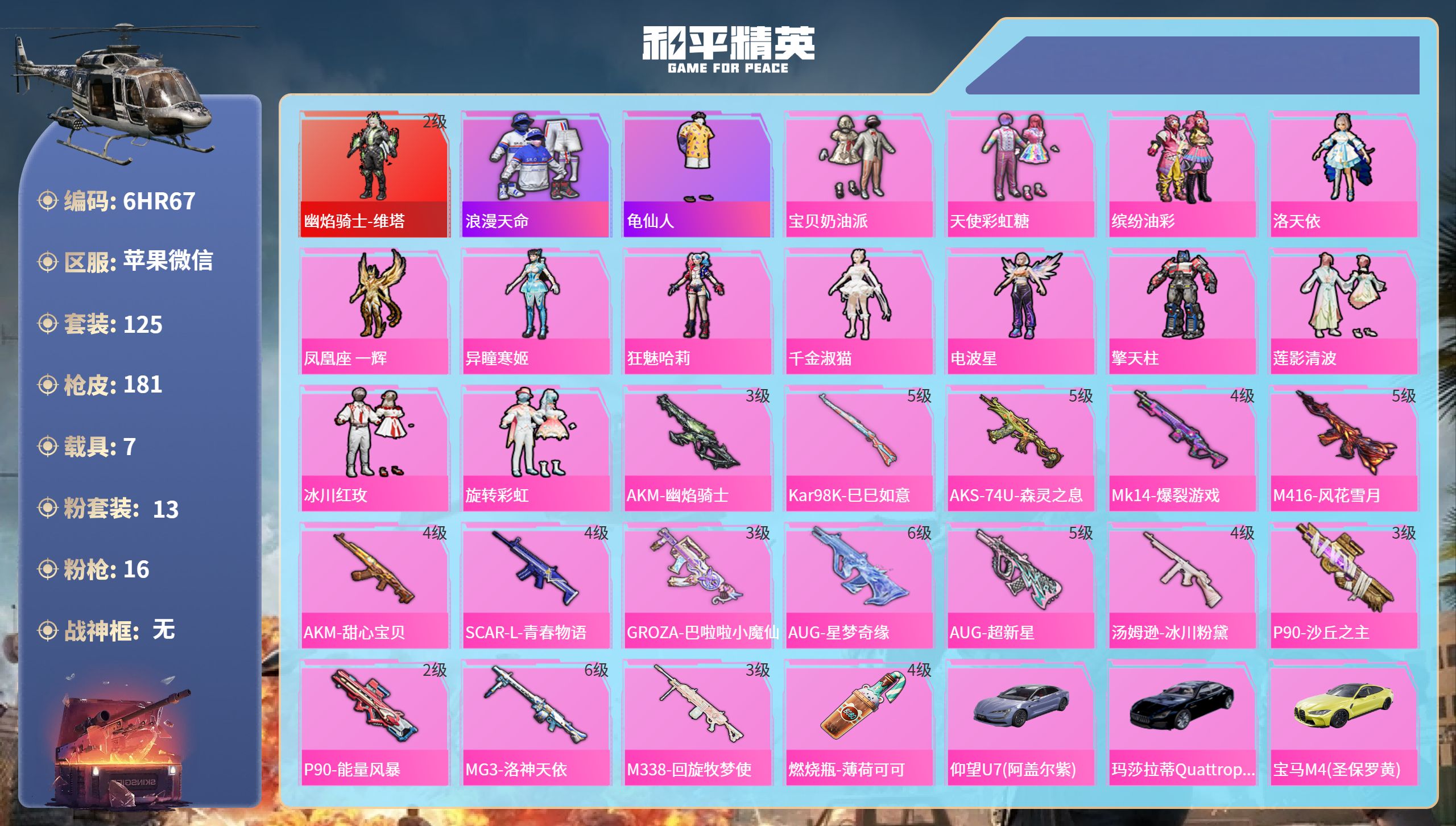 和平精英账号苹果微信7载具-125套装-181枪皮-6HR67 成长可改 社交限制 苹果微信-10王牌印记-1红装-13