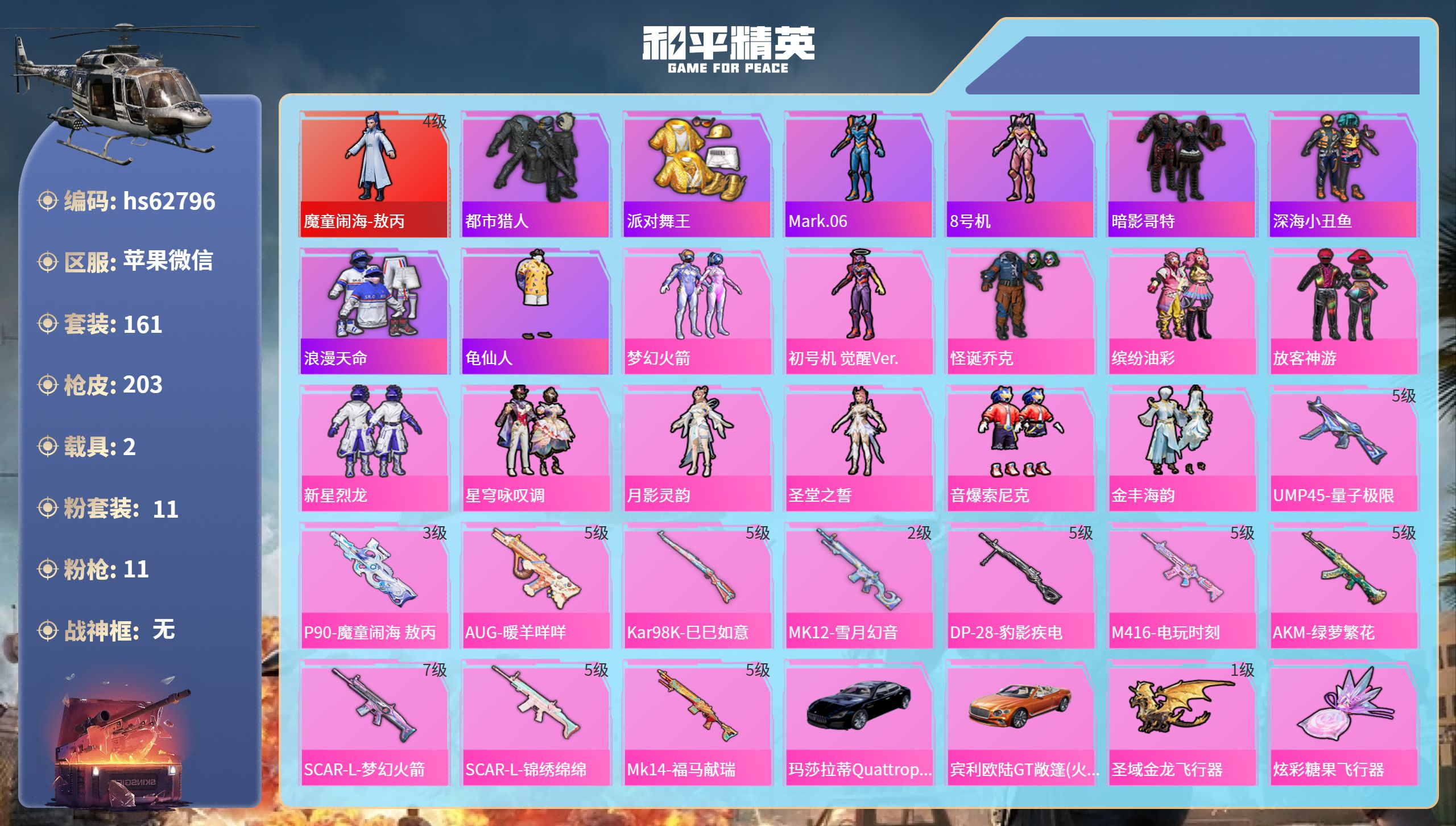 和平精英账号苹果微信2载具-161套装-203枪皮-hs62796 苹果微信-11王牌印记-1红装-11粉装-11特效枪