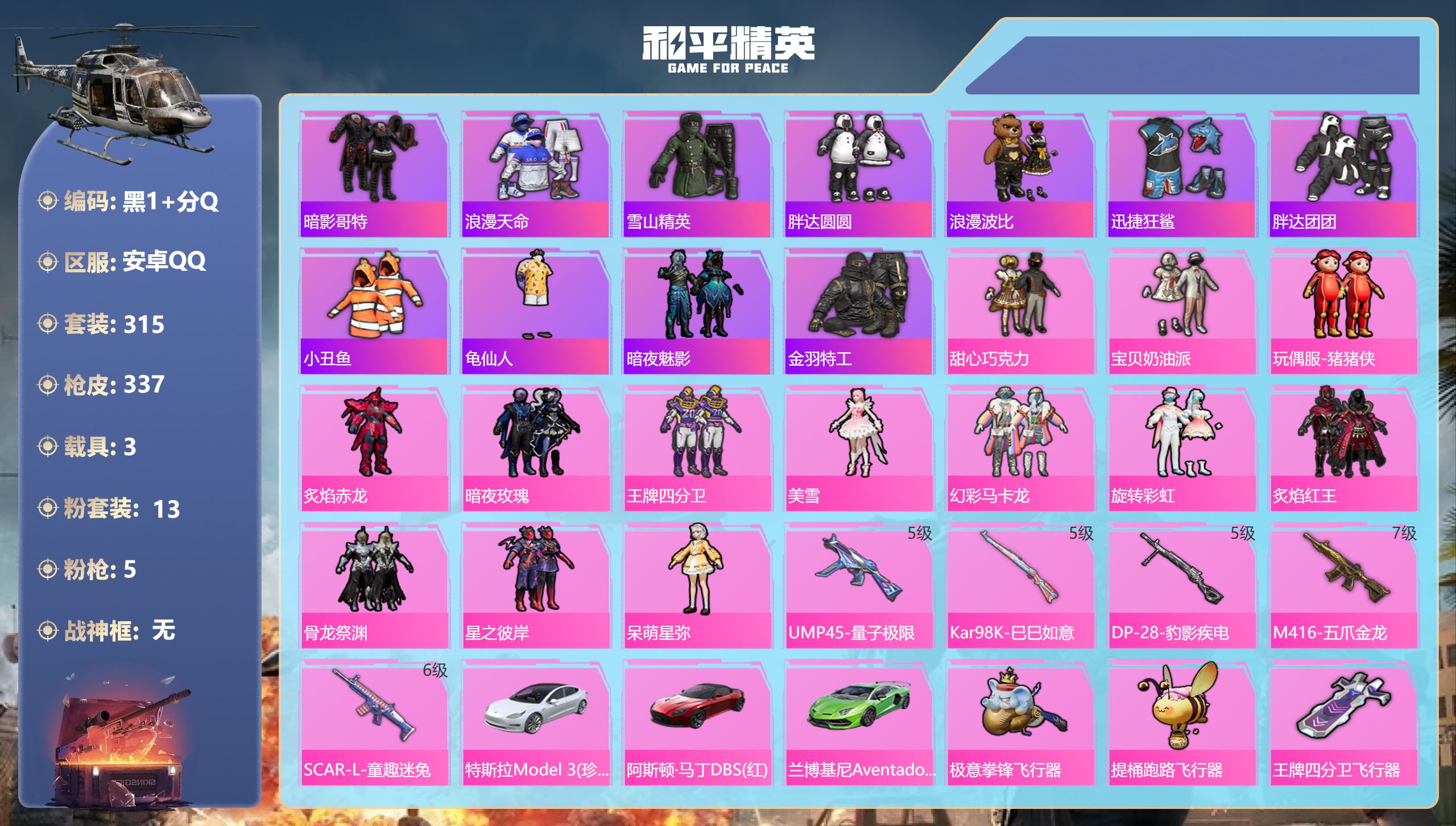 和平精英账号安卓QQ3载具-315套装-337枪皮-1稀有3载具13粉装5特效枪49热门315套装337枪皮 热力值 1