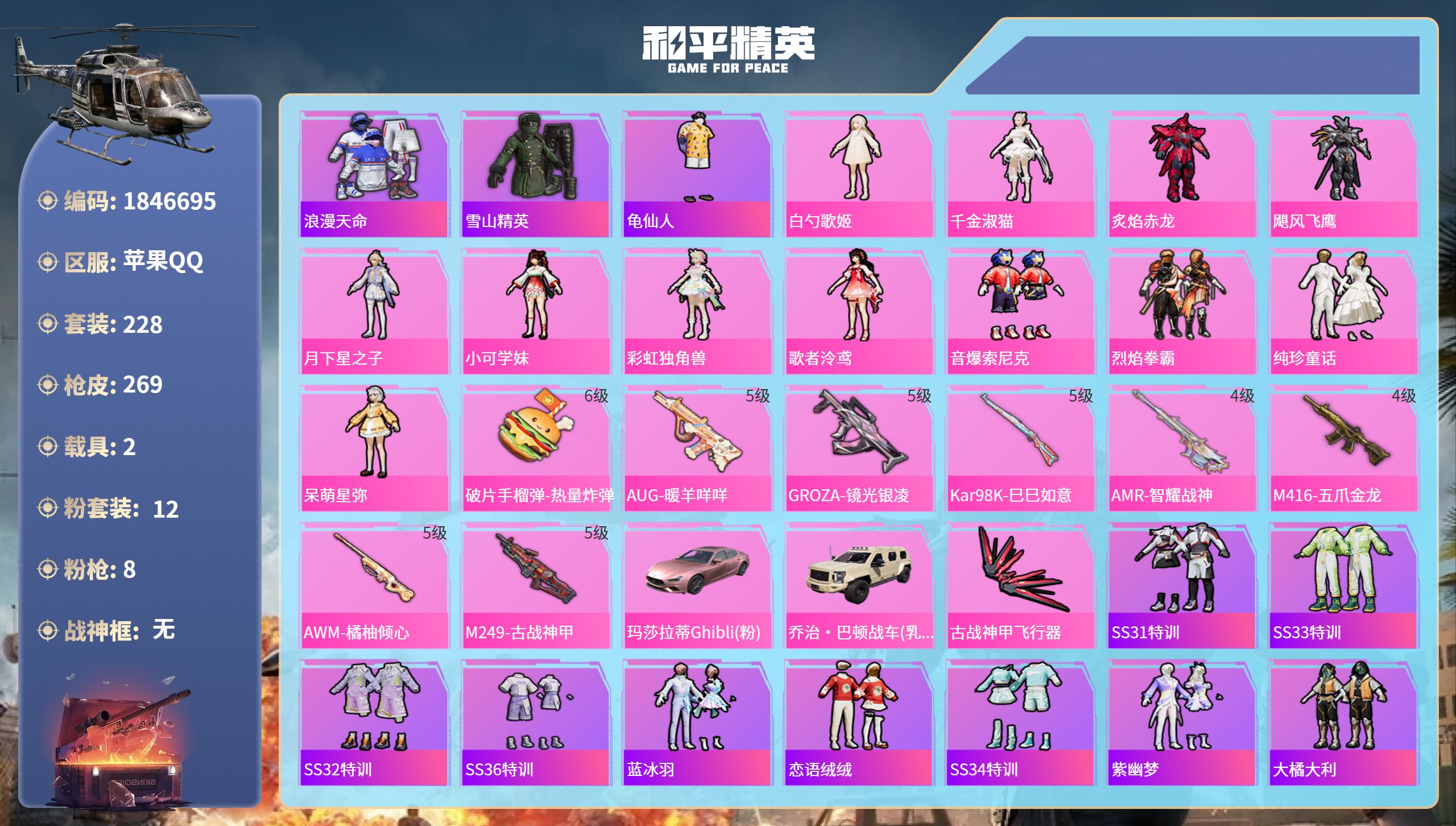和平精英账号苹果QQ2载具-228套装-269枪皮-苹果手Q-7王牌印记-12粉装-8特效枪-2载具-89623热力值-
