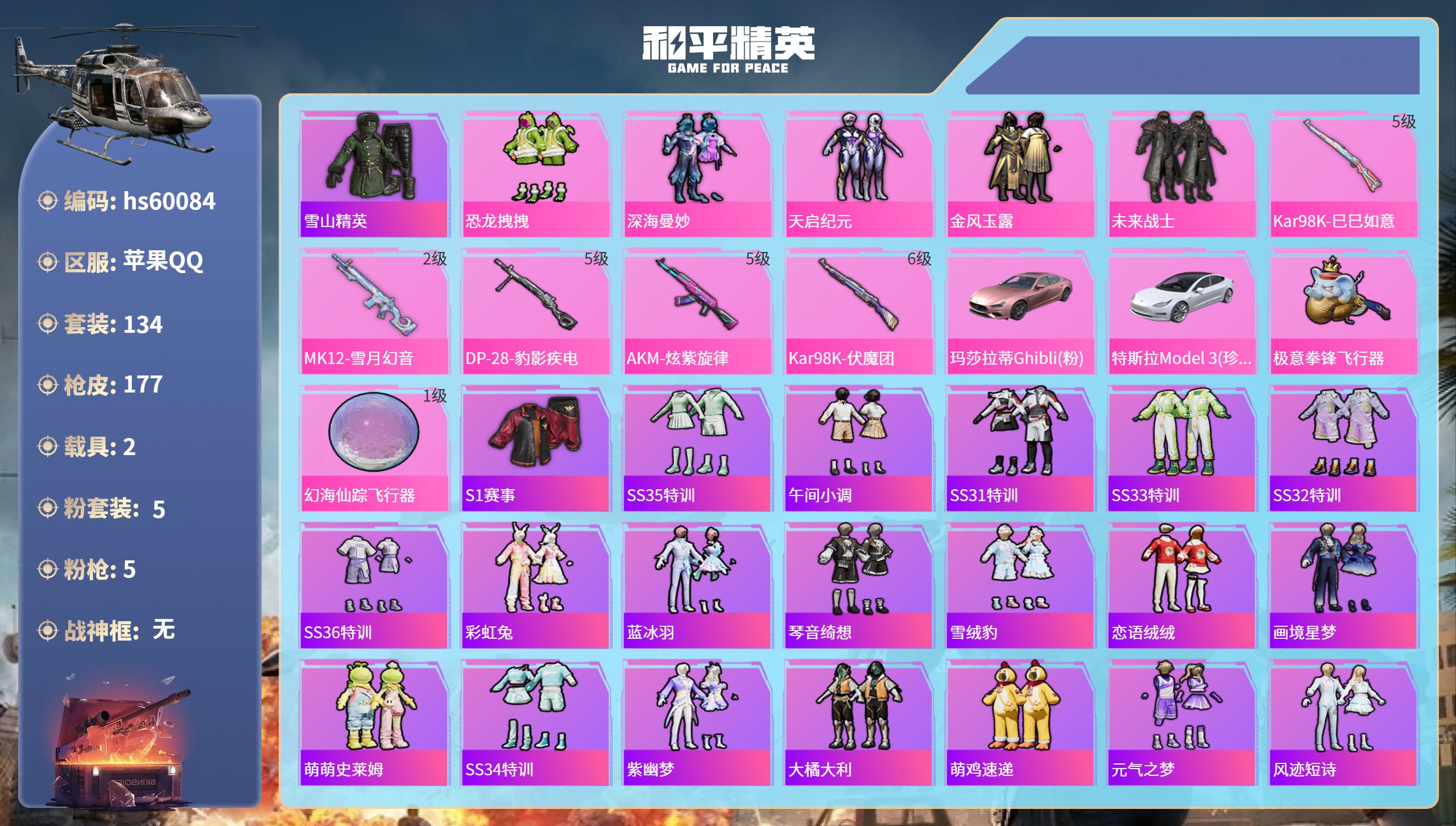 和平精英账号苹果QQ2载具-134套装-177枪皮-hs60084 苹果手Q-9王牌印记-5粉装-5特效枪-2载具-52