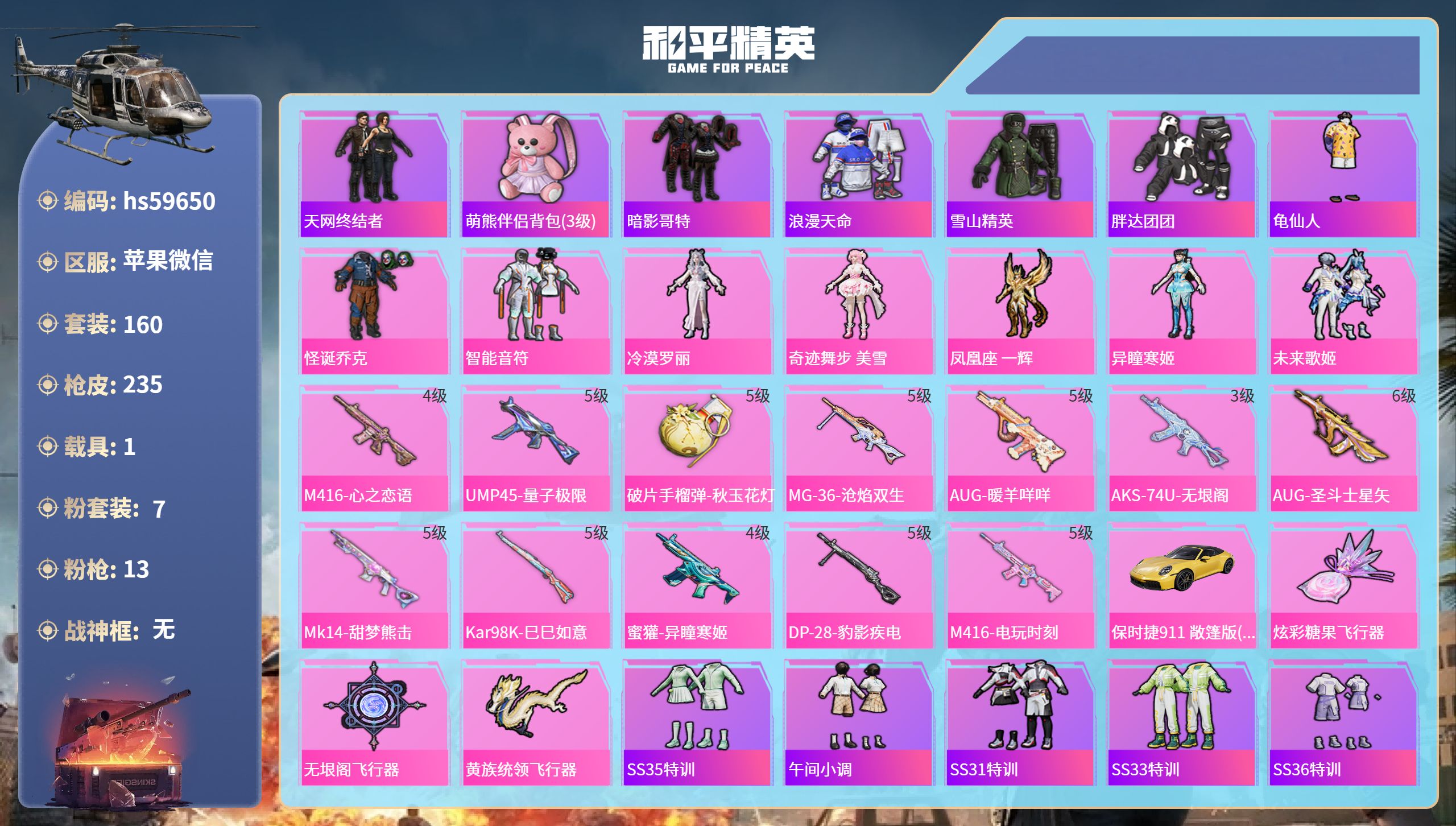 和平精英账号苹果微信hs59650 苹果微信-7王牌印记-7粉装-13特效枪-1载具-65332热力值-160套装-23