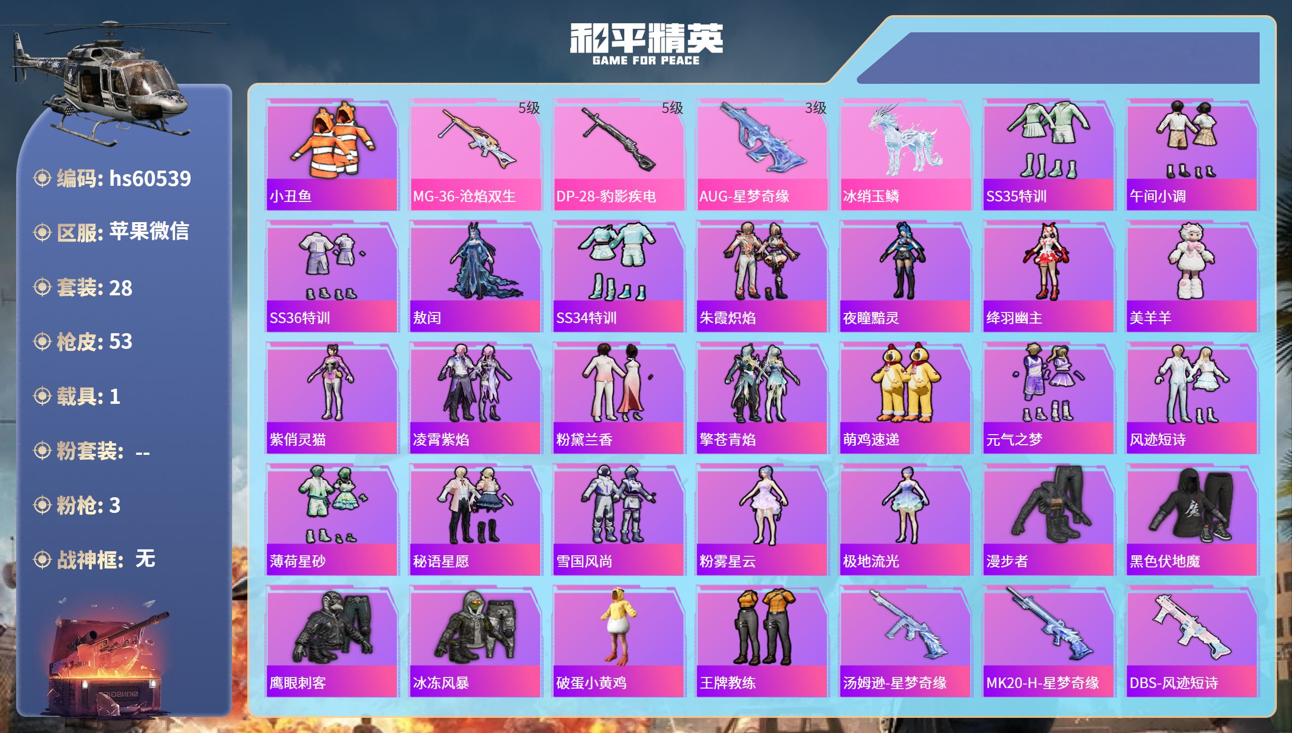 和平精英账号苹果微信1载具-28套装-53枪皮-hs60539 苹果微信-2王牌印记-3特效枪-1载具-14248热力值