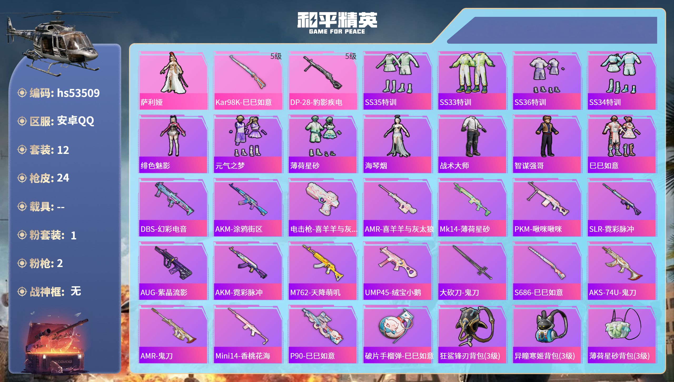 和平精英账号安卓QQhs53509 安卓手Q-1王牌印记-1粉装-2特效枪-6070热力值-12套装-24枪皮
【1粉装