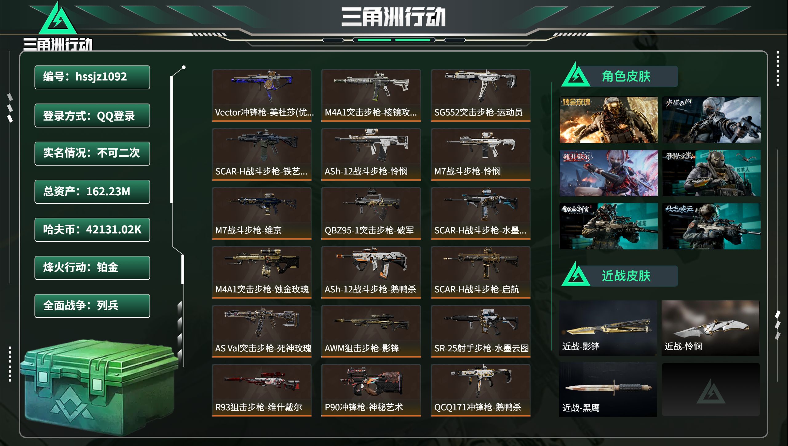 三角洲行动账号QQ总资产162.23M，哈夫币 42131.02K，战场等级:31 列兵，行动等级:60 铂金，角色皮