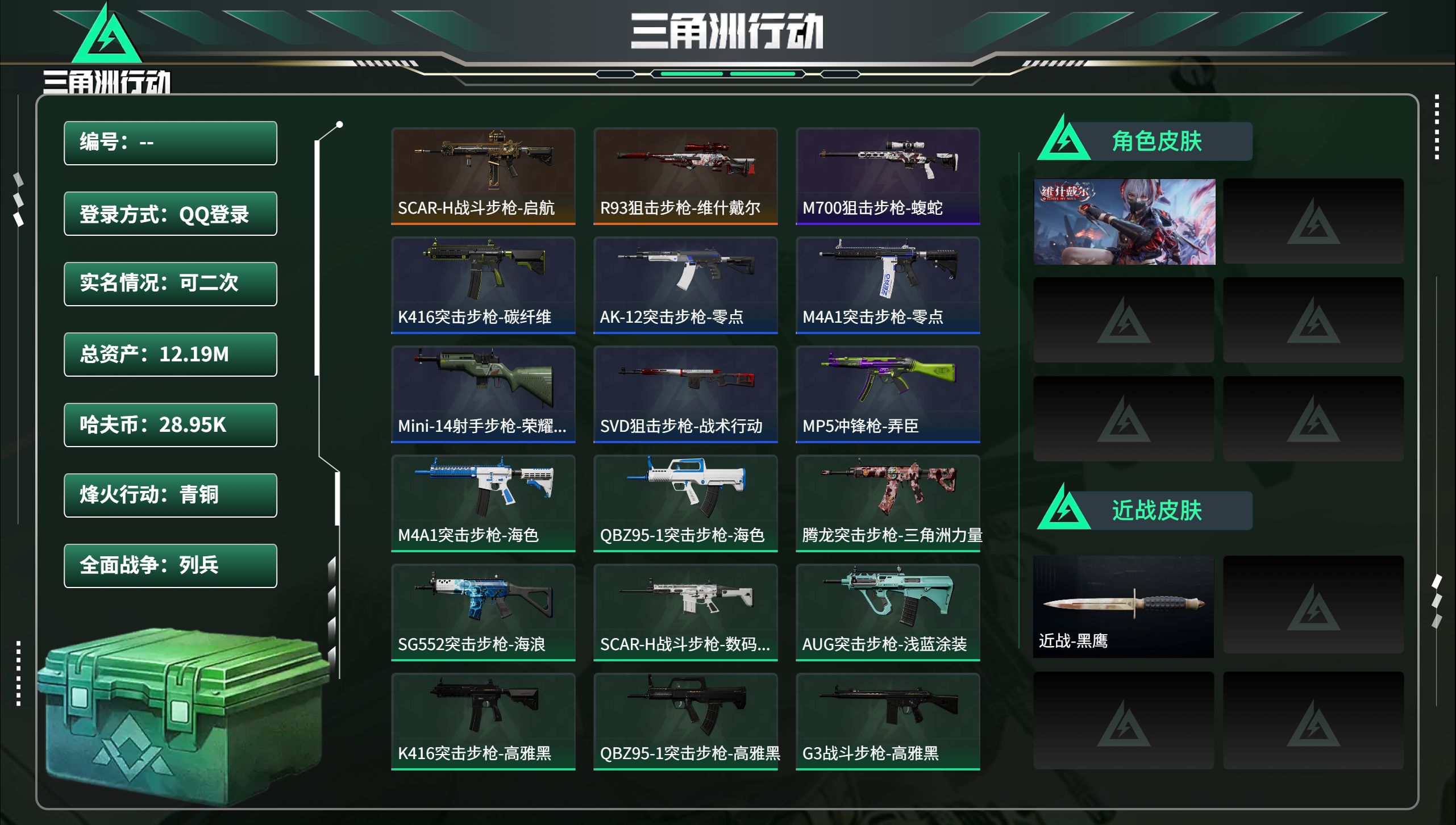 三角洲行动账号QQ总资产12.19M，哈夫币 28.95K，战场等级:1 列兵，行动等级:26 青铜，角色皮肤1，枪皮