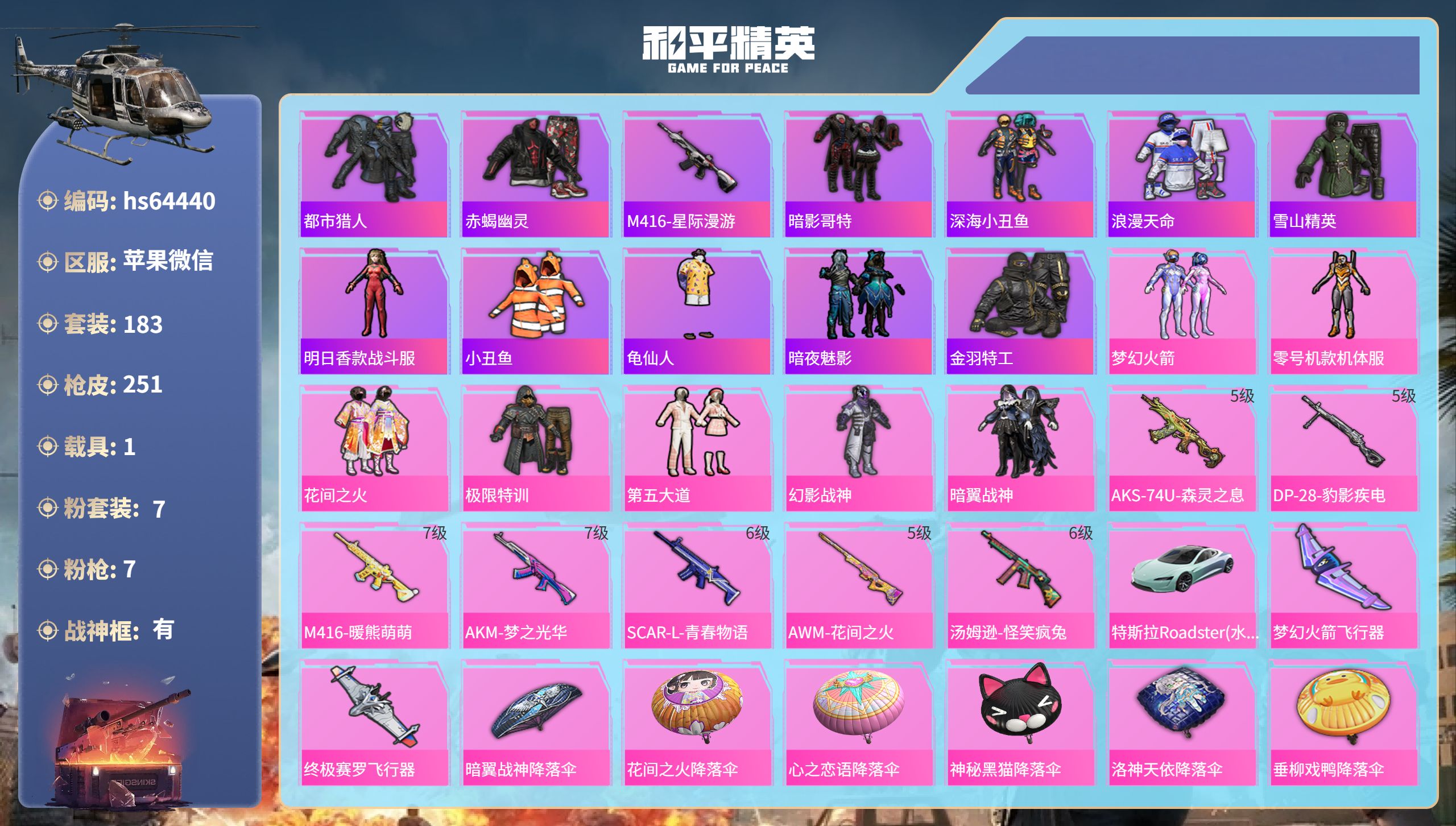 和平精英账号苹果微信hs64440 苹果微信-12王牌印记-有战神框-7粉装-7特效枪-1载具-80319热力值-183