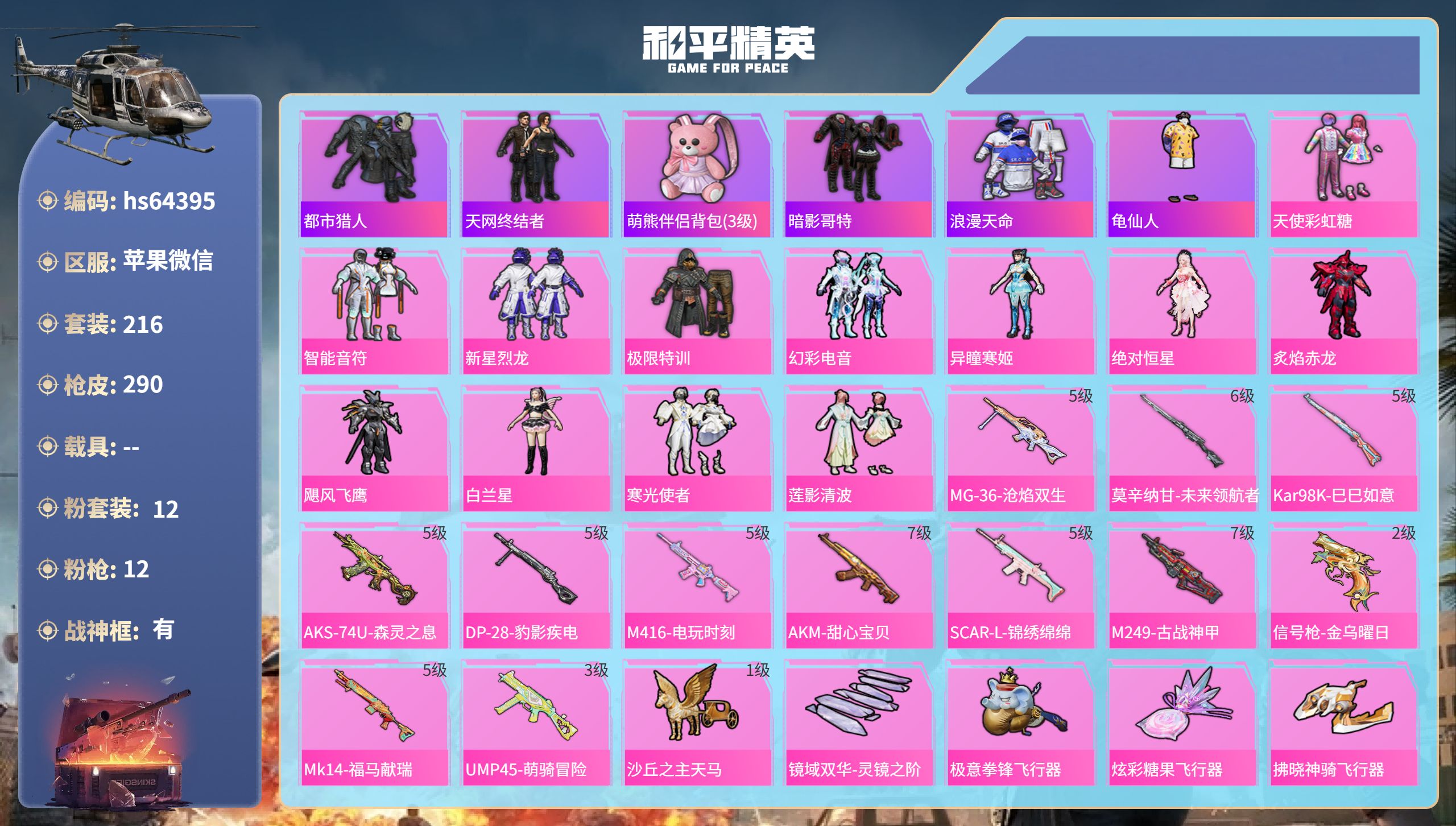 和平精英账号苹果微信hs64395 苹果微信-18王牌印记-有战神框-12粉装-12特效枪-85670热力值-216套装