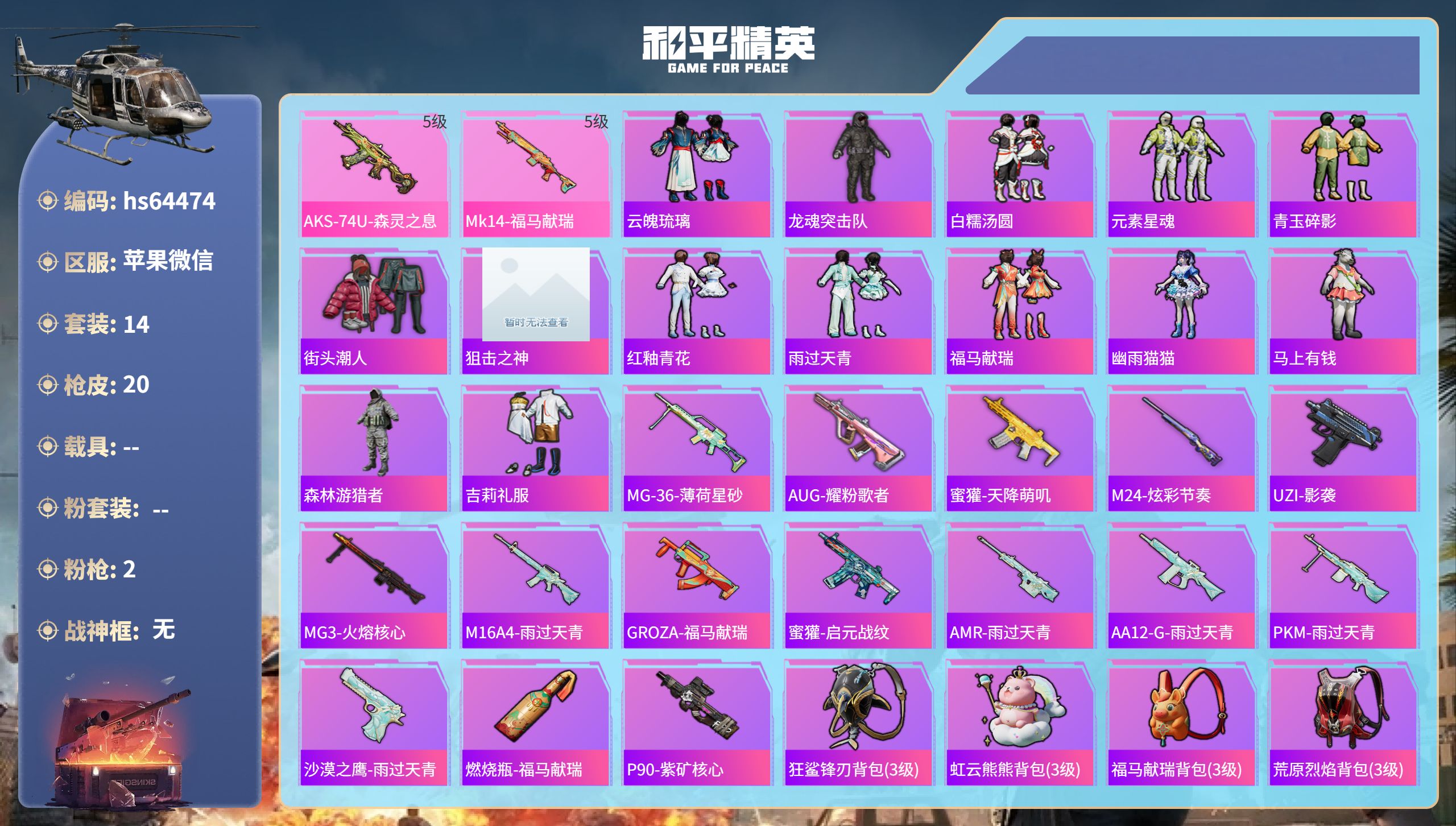 和平精英账号苹果微信hs64474 苹果微信-0王牌印记-2特效枪-6034热力值-14套装-20枪皮
【2特效枪】AK