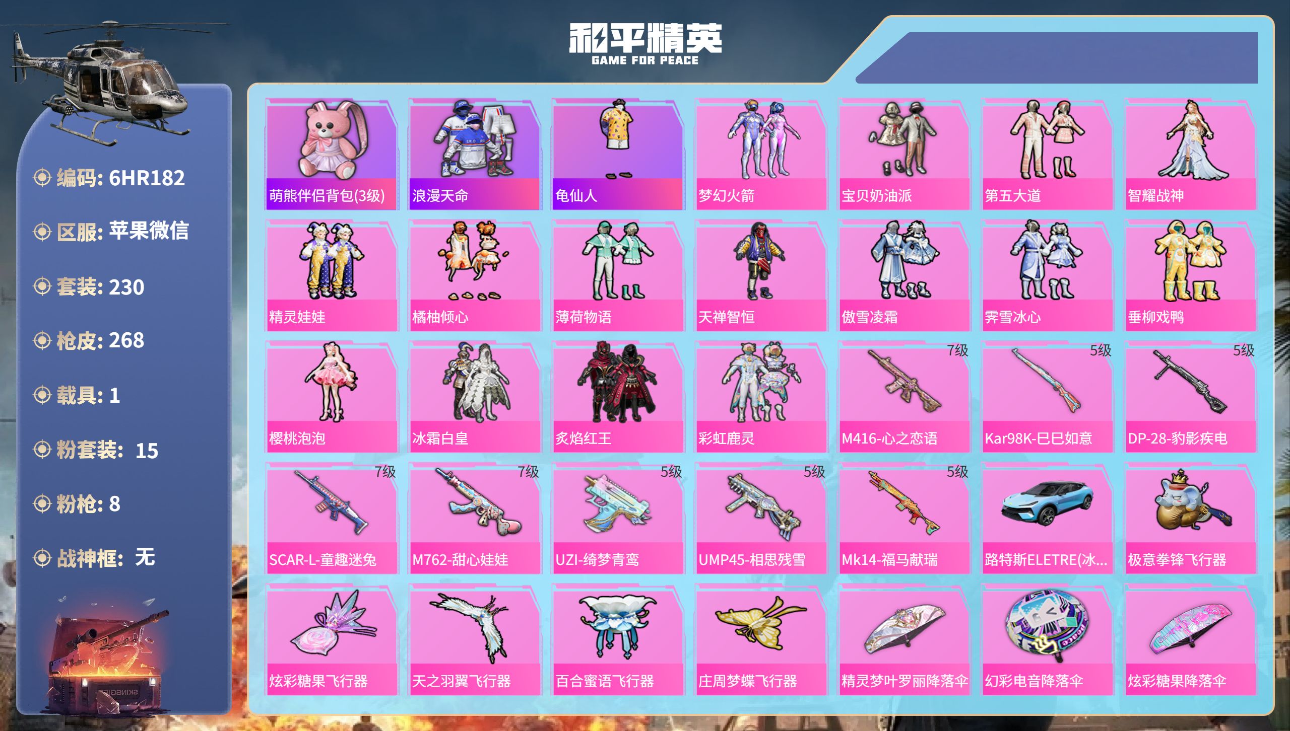 和平精英账号苹果微信1载具-230套装-268枪皮-6HR182 成长不可修改 苹果微信-20王牌印记-15粉装-8特效