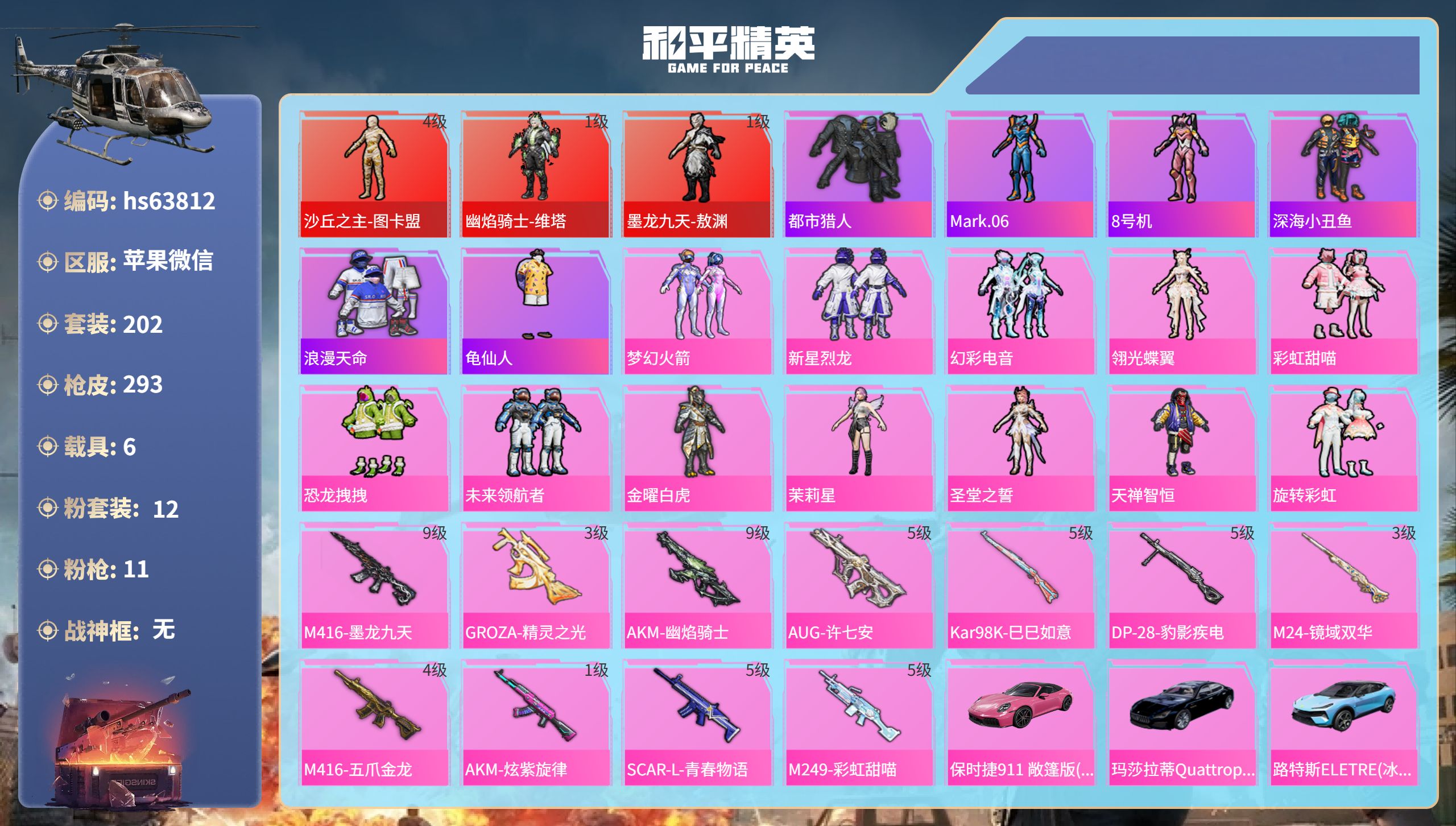 和平精英账号苹果微信6载具-202套装-293枪皮-hs63812 苹果微信-20王牌印记-3红装-12粉装-11特效枪