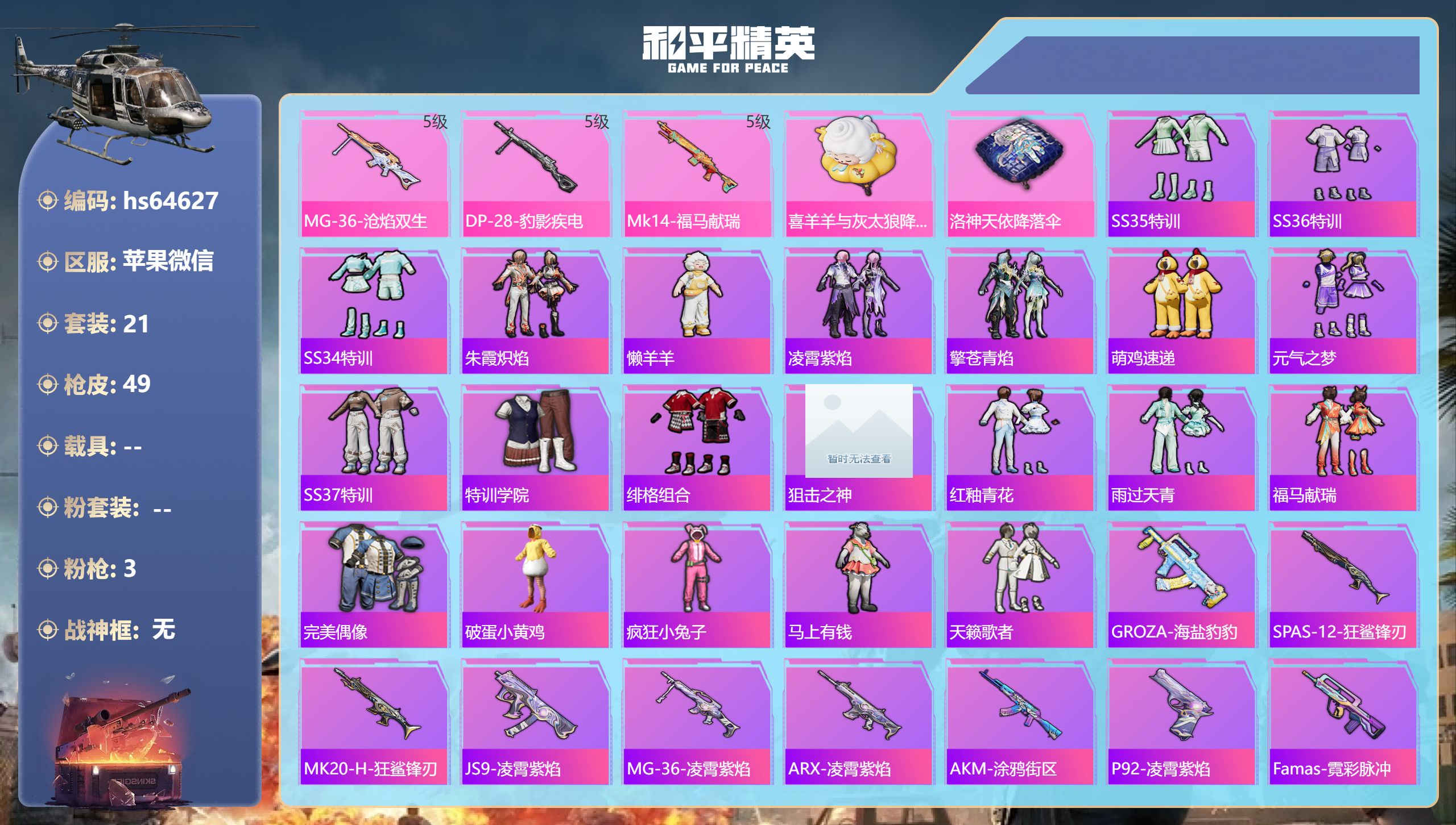 和平精英账号苹果微信hs64627 苹果微信-2王牌印记-3特效枪-10546热力值-21套装-49枪皮-1卓越印记
【