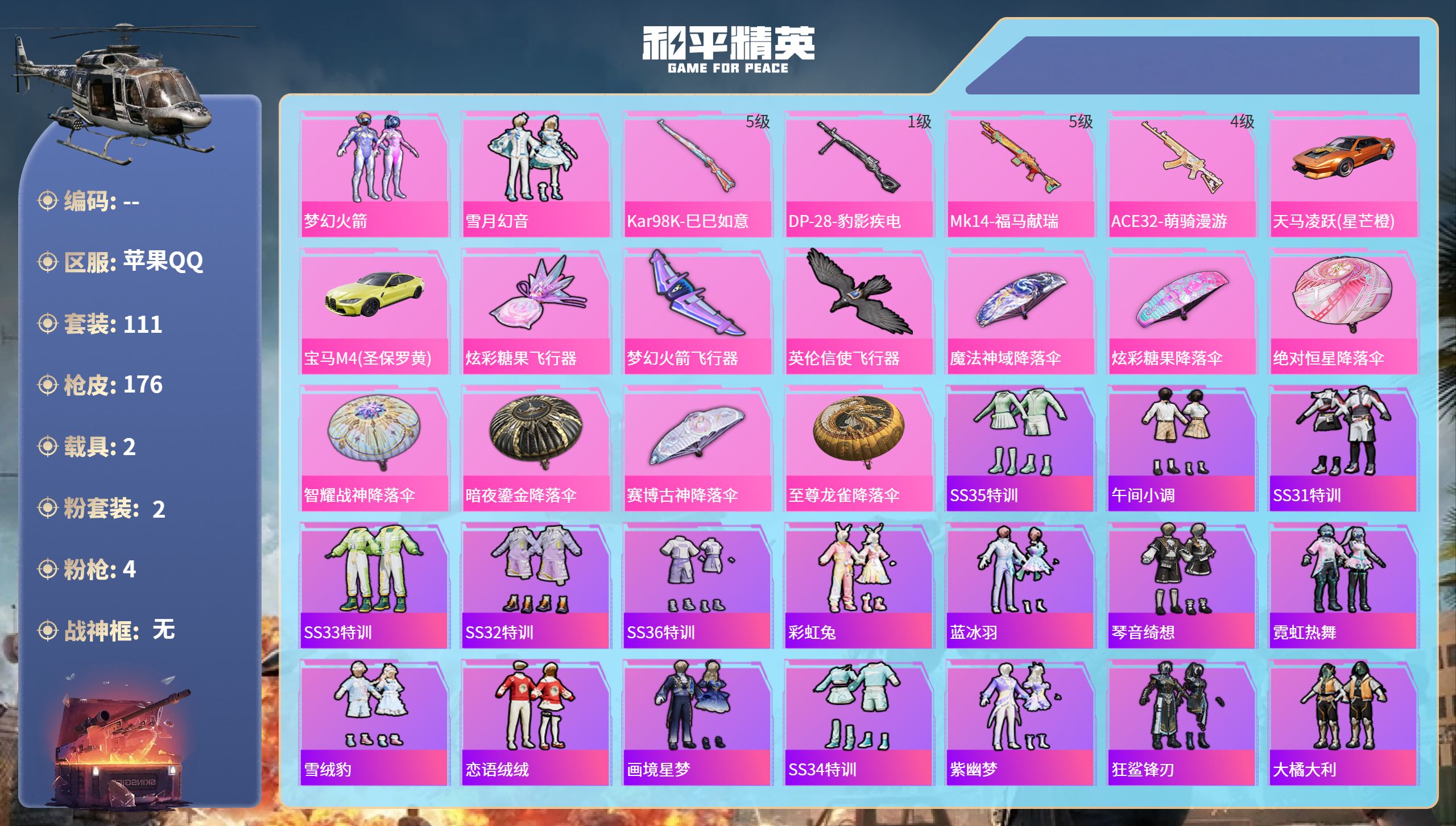 和平精英账号苹果QQ2载具-111套装-176枪皮-苹果手Q-13王牌印记-2粉装-4特效枪-2载具-46777热力值-