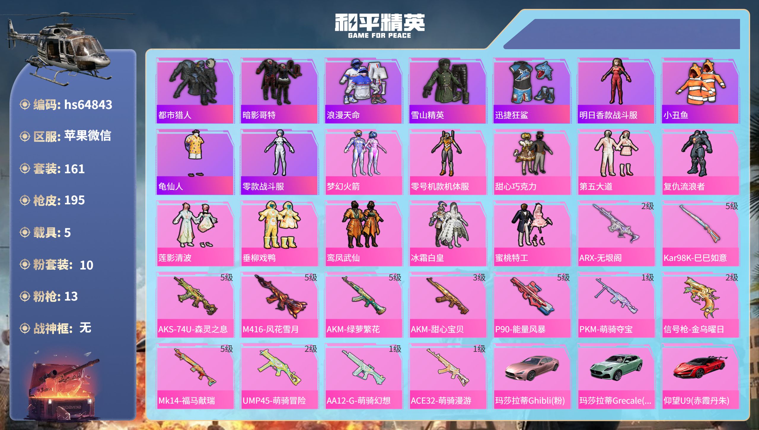 和平精英账号苹果微信5载具-161套装-195枪皮-hs64843 苹果微信-10王牌印记-10粉装-13特效枪-5载具