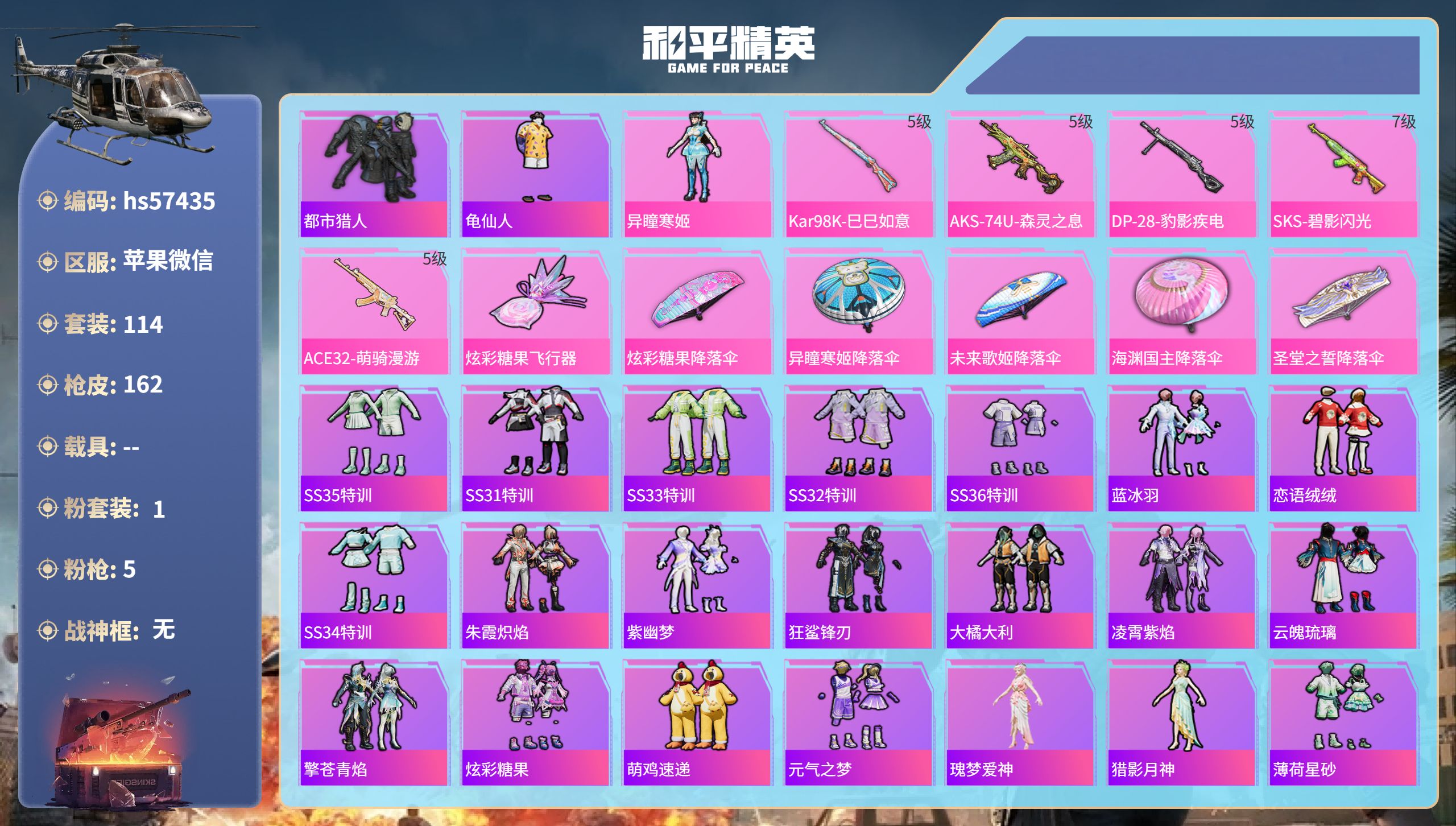 和平精英账号苹果微信hs57435 苹果微信-9王牌印记-1粉装-5特效枪-43271热力值-114套装-162枪皮
【