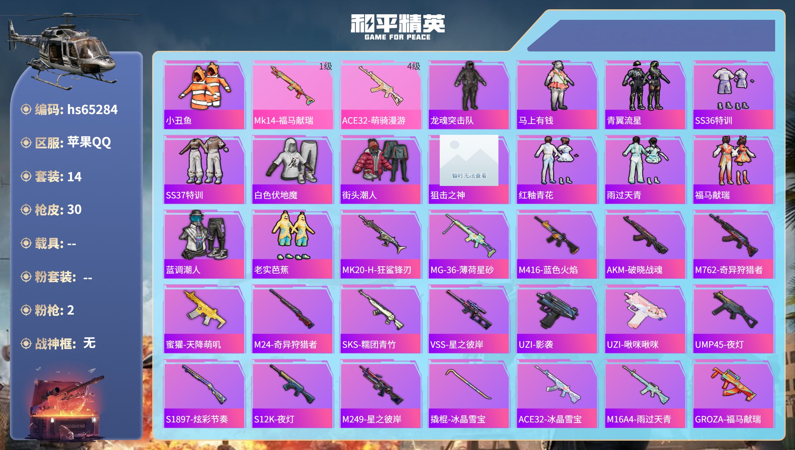 和平精英账号苹果QQhs65284 苹果手Q-0王牌印记-2特效枪-5276热力值-14套装-30枪皮
【2特效枪】Mk
