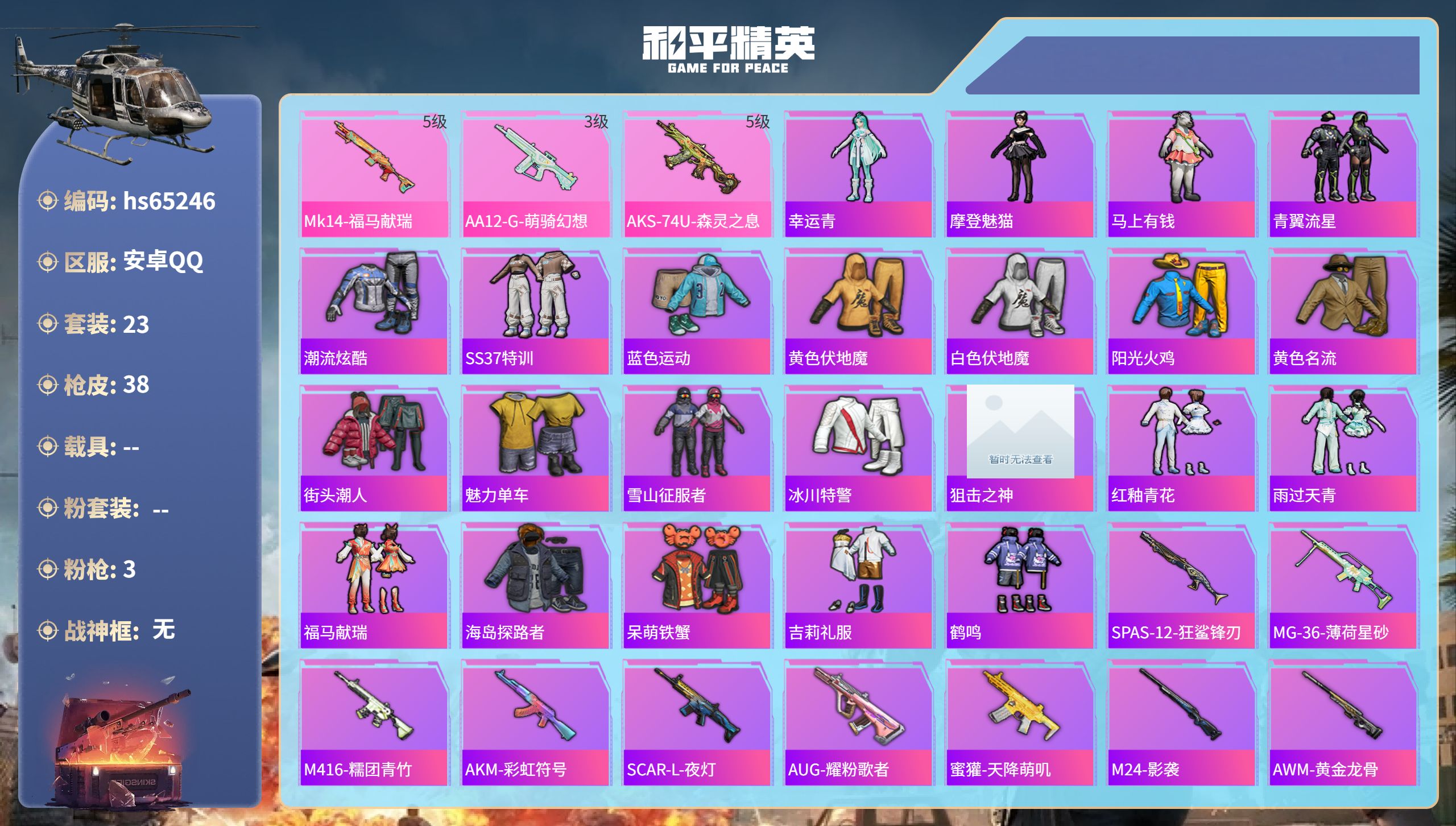 和平精英账号安卓QQhs65246 安卓手Q-0王牌印记-3特效枪-7945热力值-23套装-38枪皮
【3特效枪】AK