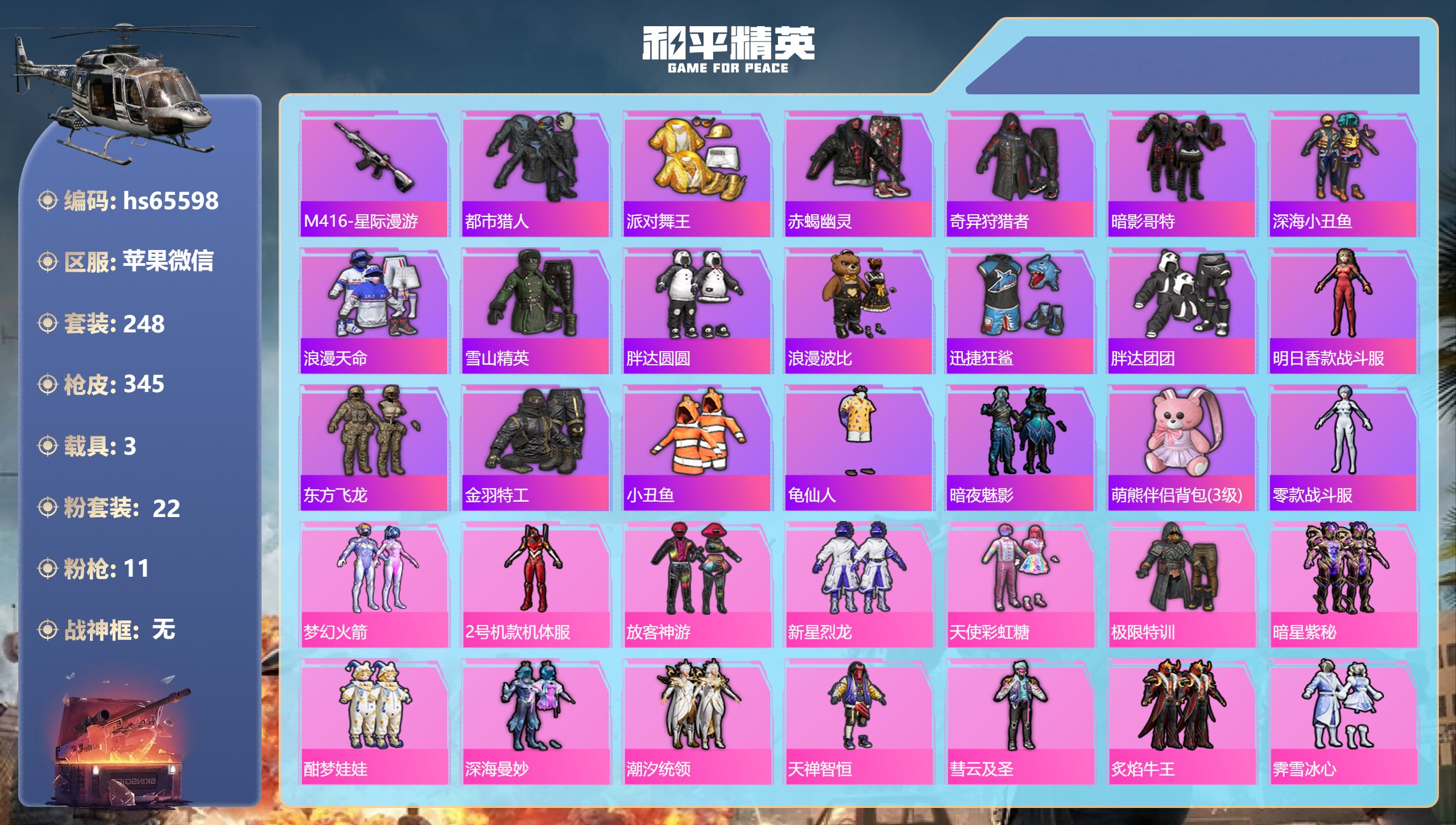和平精英账号苹果微信hs65598 苹果微信-22王牌印记-22粉装-11特效枪-3载具-热力值-248套装-345枪皮