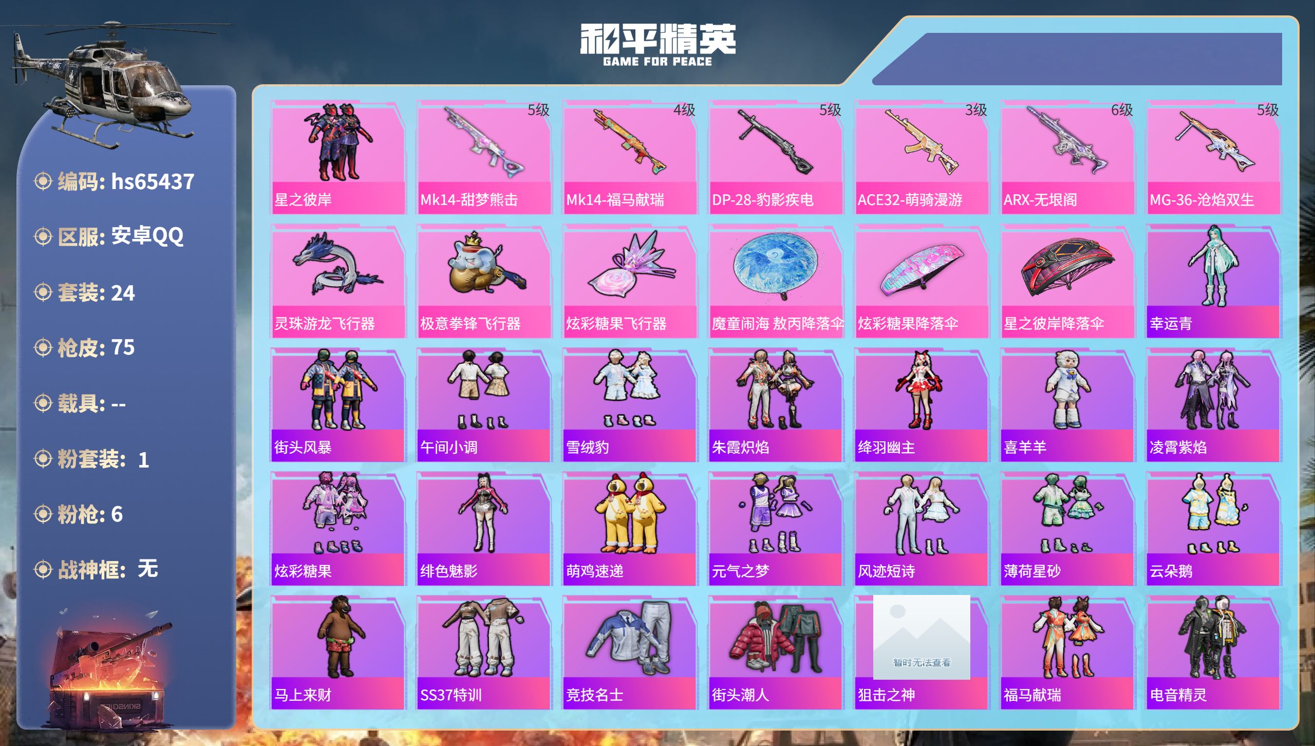 和平精英账号安卓QQhs65437 安卓手Q-1王牌印记-1粉装-6特效枪-18582热力值-24套装-75枪皮
【1粉