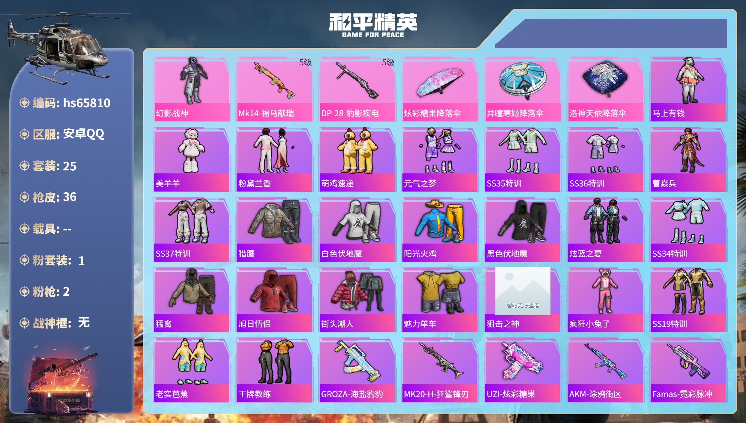 和平精英账号安卓QQhs65810 安卓手Q-0王牌印记-1粉装-2特效枪-9436热力值-25套装-36枪皮
【1粉装