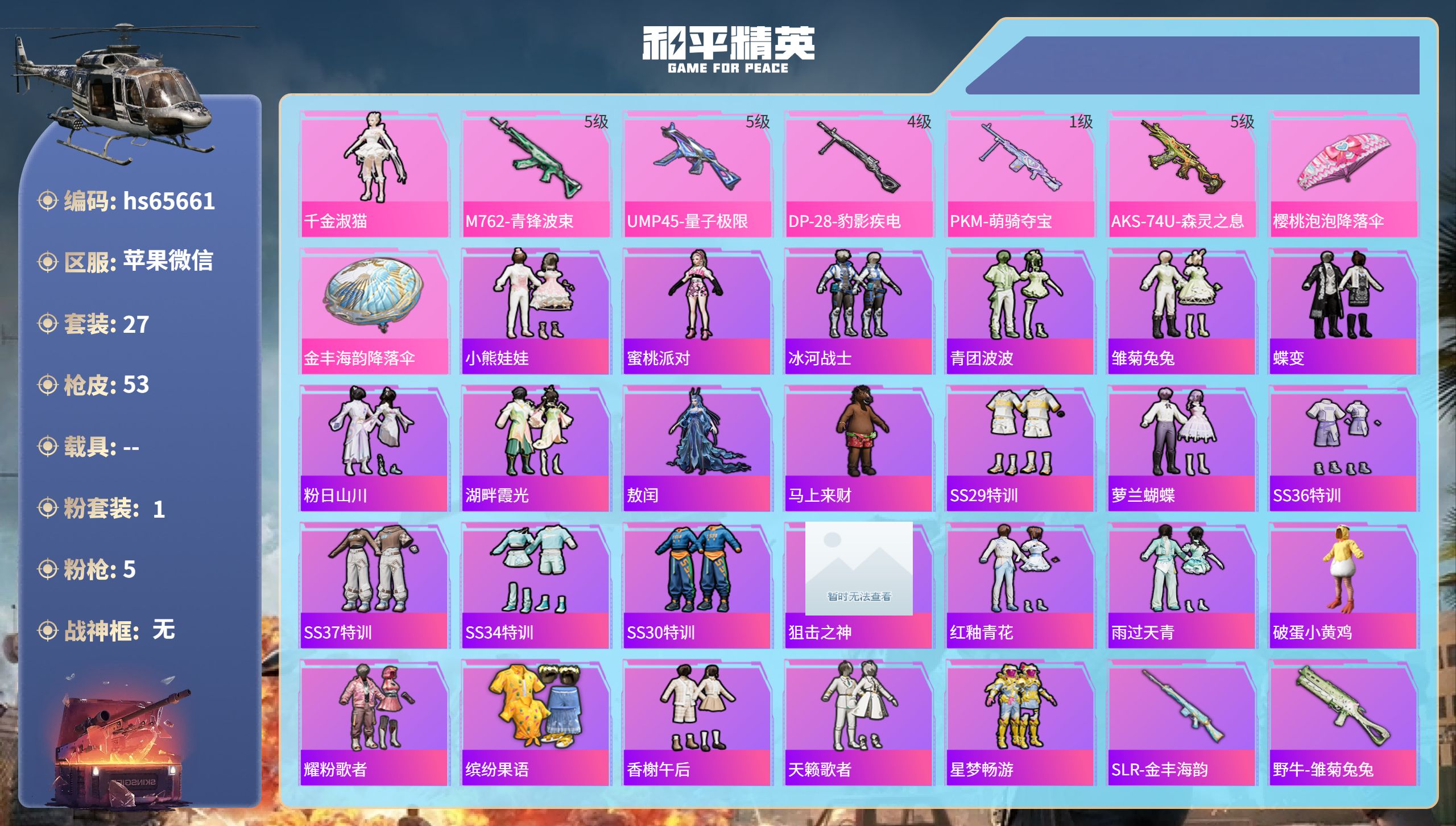 和平精英账号苹果微信0载具-27套装-53枪皮-hs65661 苹果微信-2王牌印记-1粉装-5特效枪-14779热力值