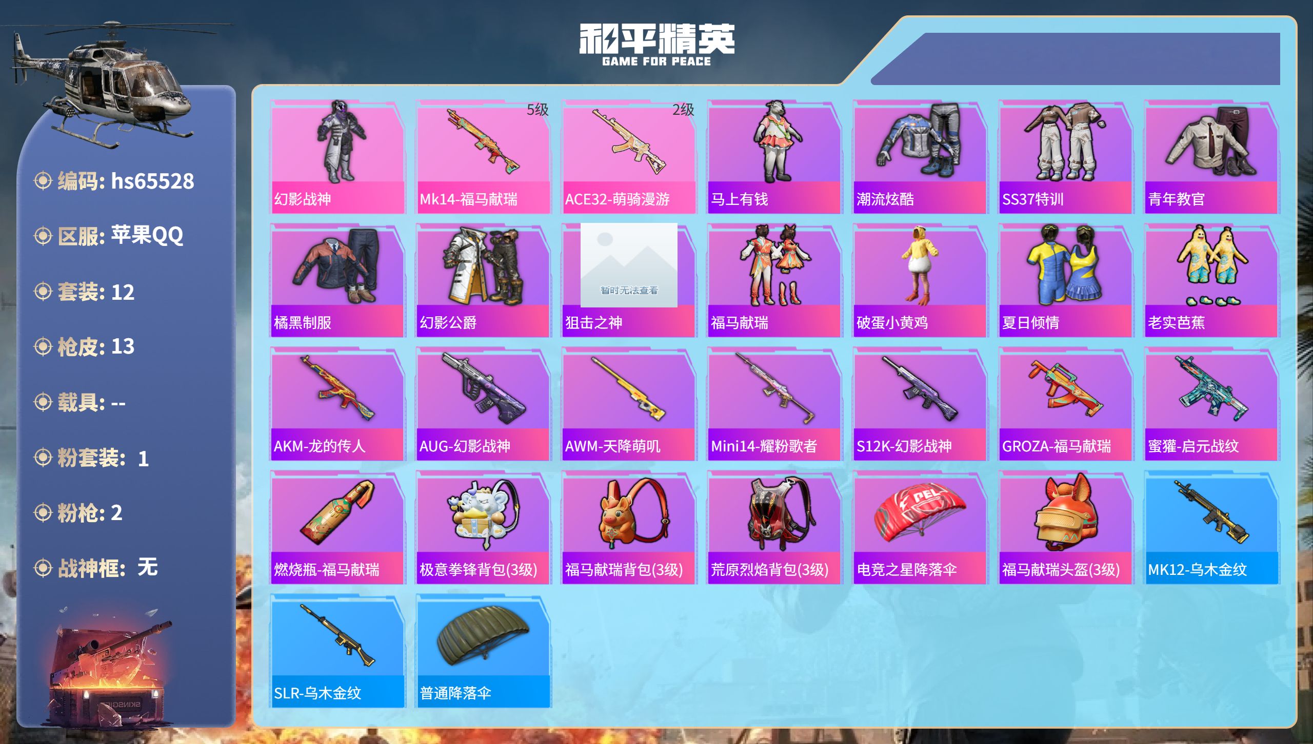 和平精英账号苹果QQhs65528 苹果手Q-1王牌印记-1粉装-2特效枪-3796热力值-12套装-13枪皮
【1粉装