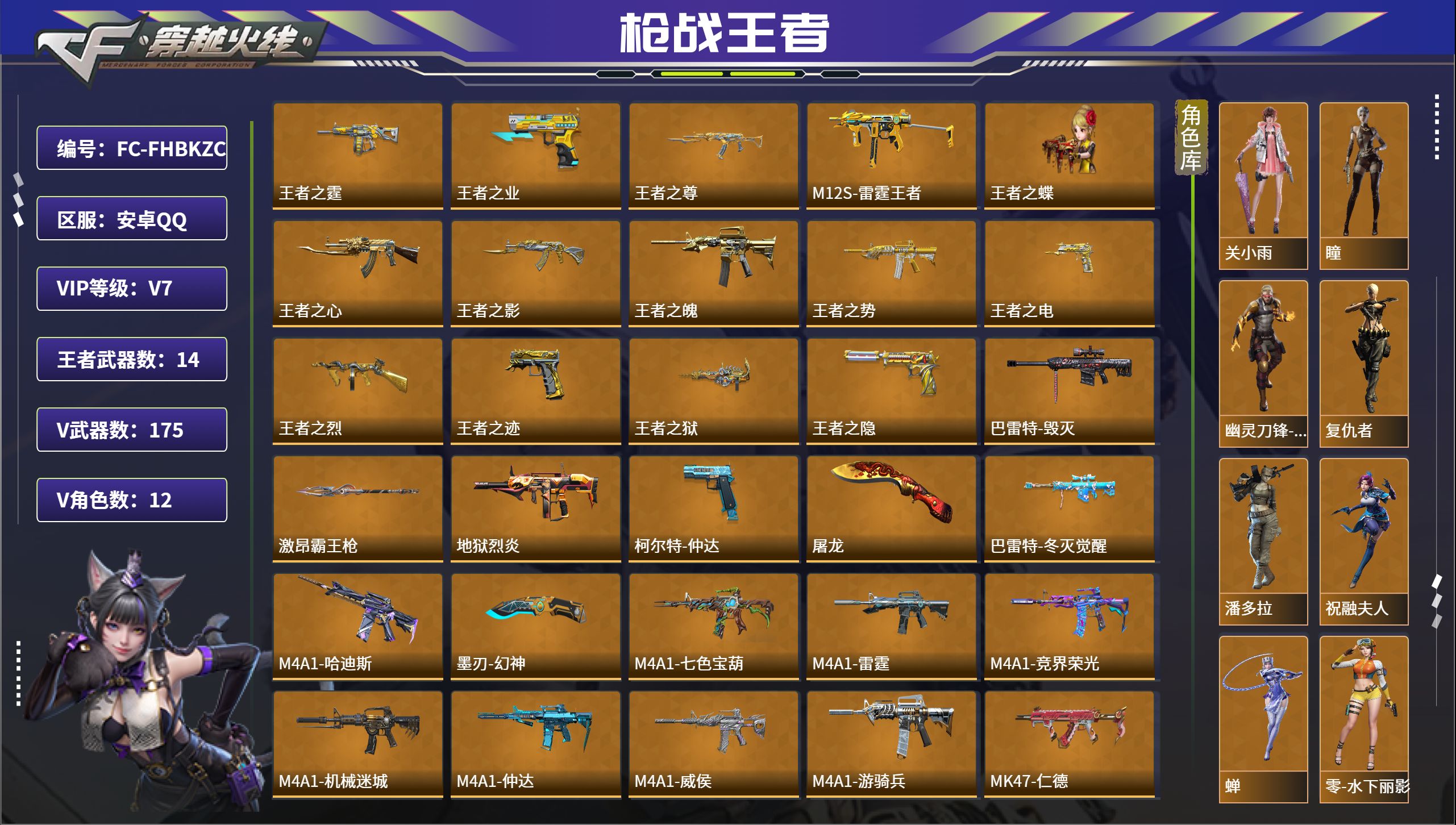 枪战王者账号安卓QQ【FC-FHBKZC】【16王者-多三国套-雷霆王者cop 雷霆cop-6套王雷】安卓QQ，成人号: