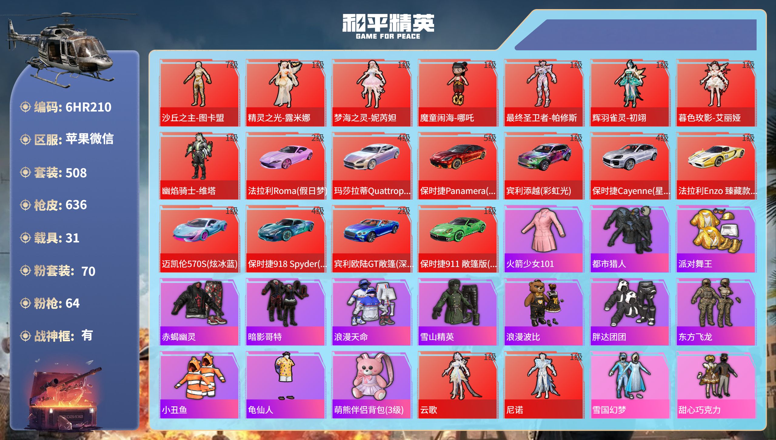 和平精英账号苹果微信31载具-508套装-636枪皮-6HR210 成长不可修改 包人脸 苹果微信-36王牌印记-有战神