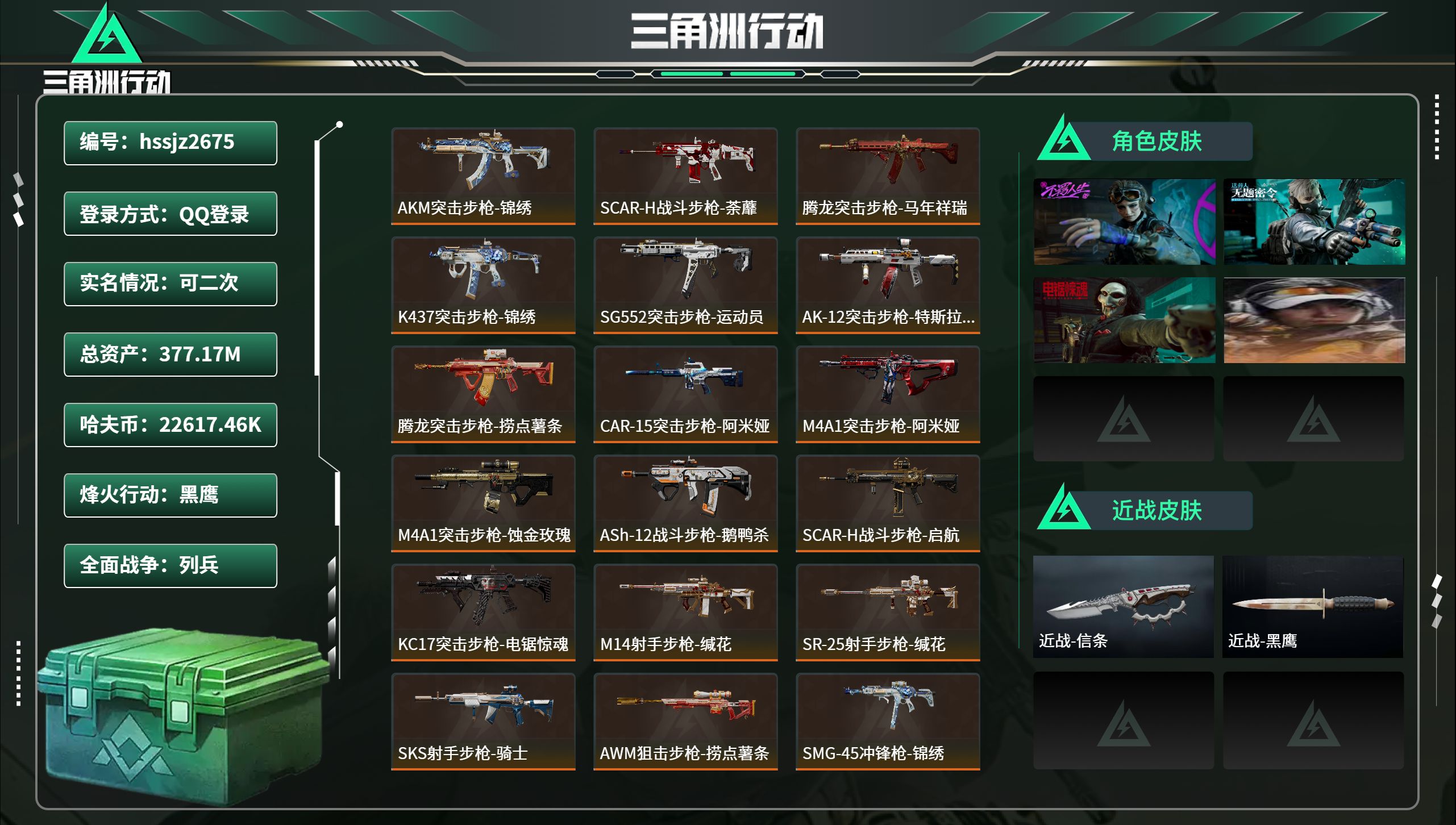 三角洲行动账号QQhssjz2675总资产377.17M，哈夫币 22617.46K，战场等级:33 列兵，行动等级: