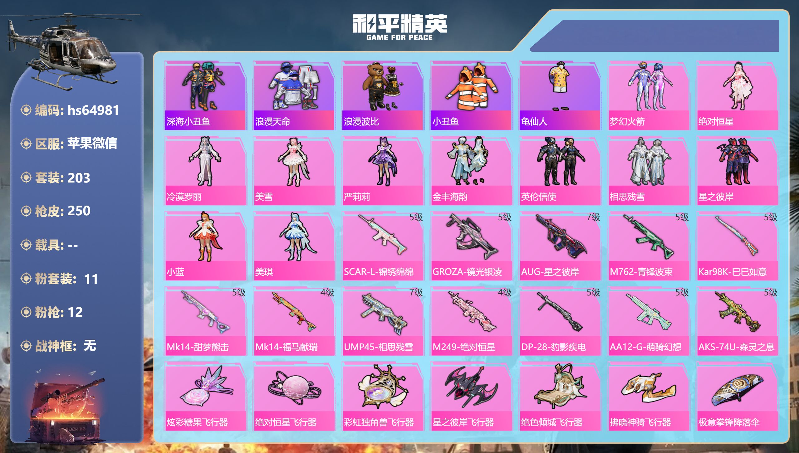和平精英账号苹果微信hs64981 苹果微信-11王牌印记-11粉装-12特效枪-81480热力值-203套装-250枪