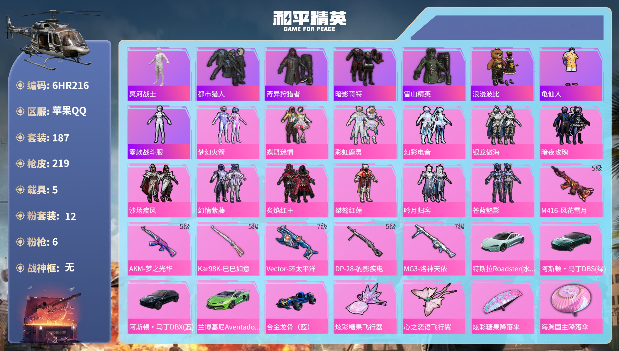 和平精英账号苹果QQ5载具-187套装-219枪皮-6HR216 成长可改 苹果手Q-19王牌印记-12粉装-6特效枪-