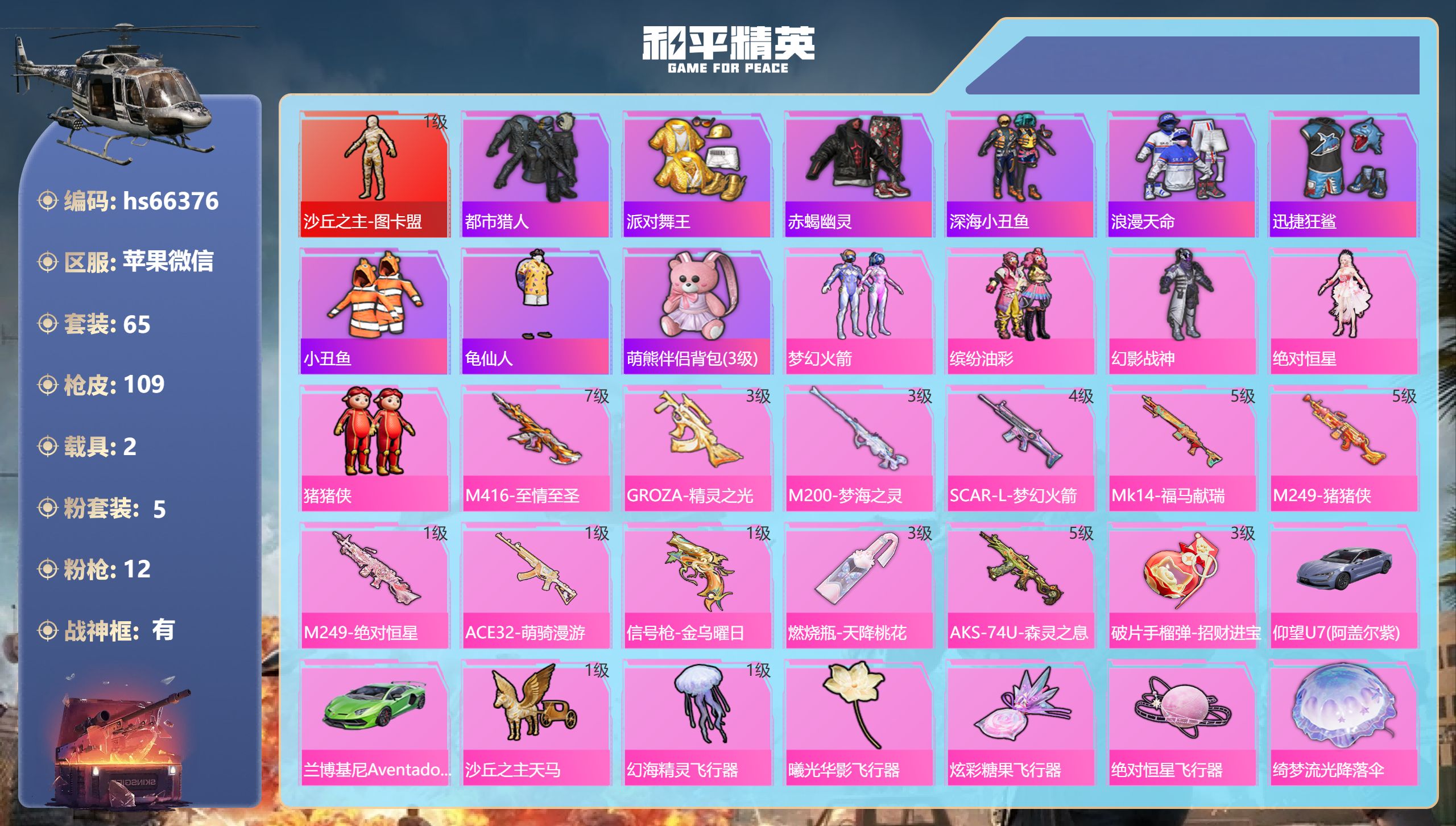 和平精英账号苹果微信hs66376 苹果微信-3王牌印记-有战神框-1红装-5粉装-12特效枪-2载具-37006热力值
