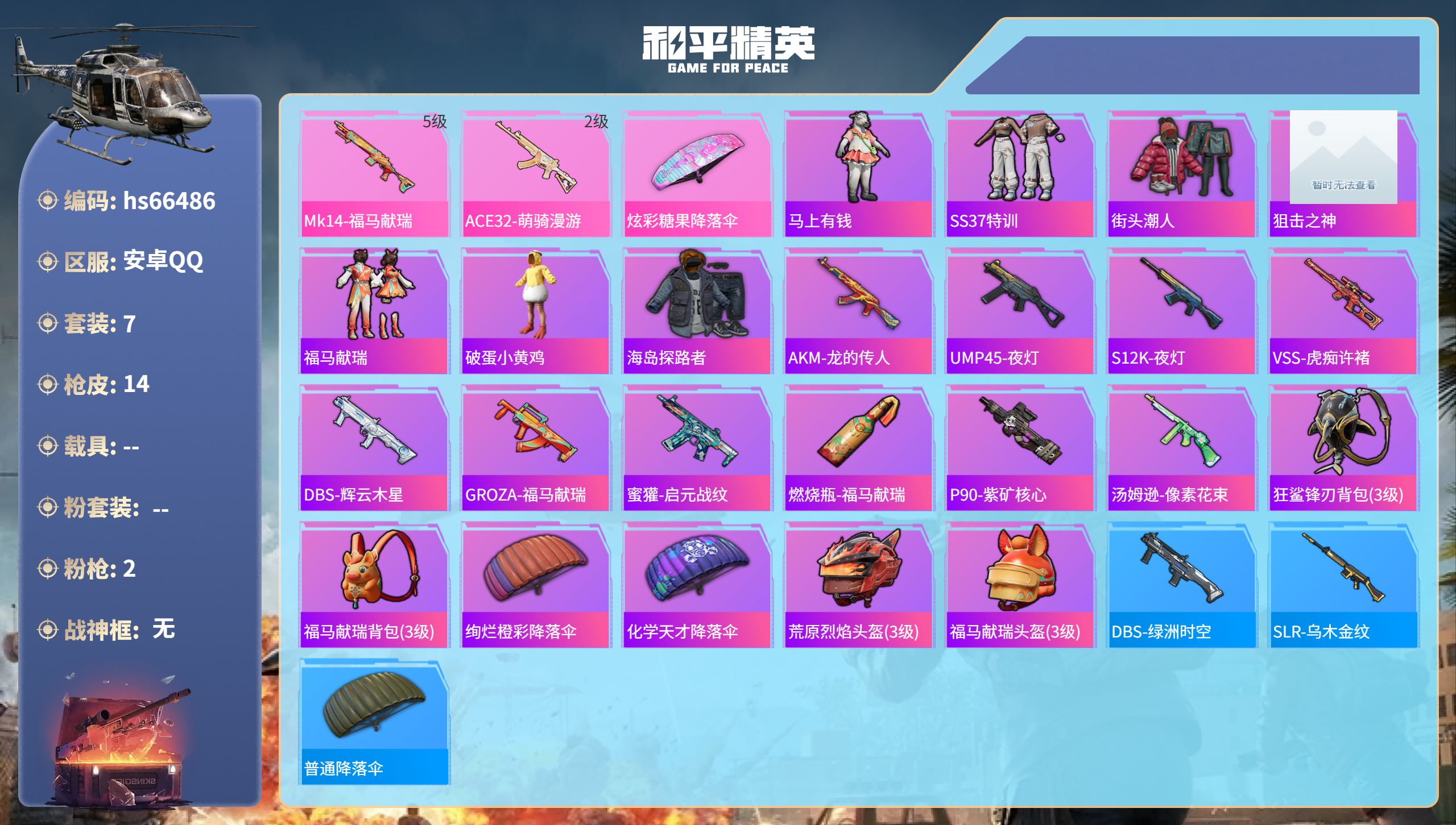 和平精英账号安卓QQhs66486 安卓手Q-1王牌印记-2特效枪-3327热力值-7套装-14枪皮
【2特效枪】Mk1