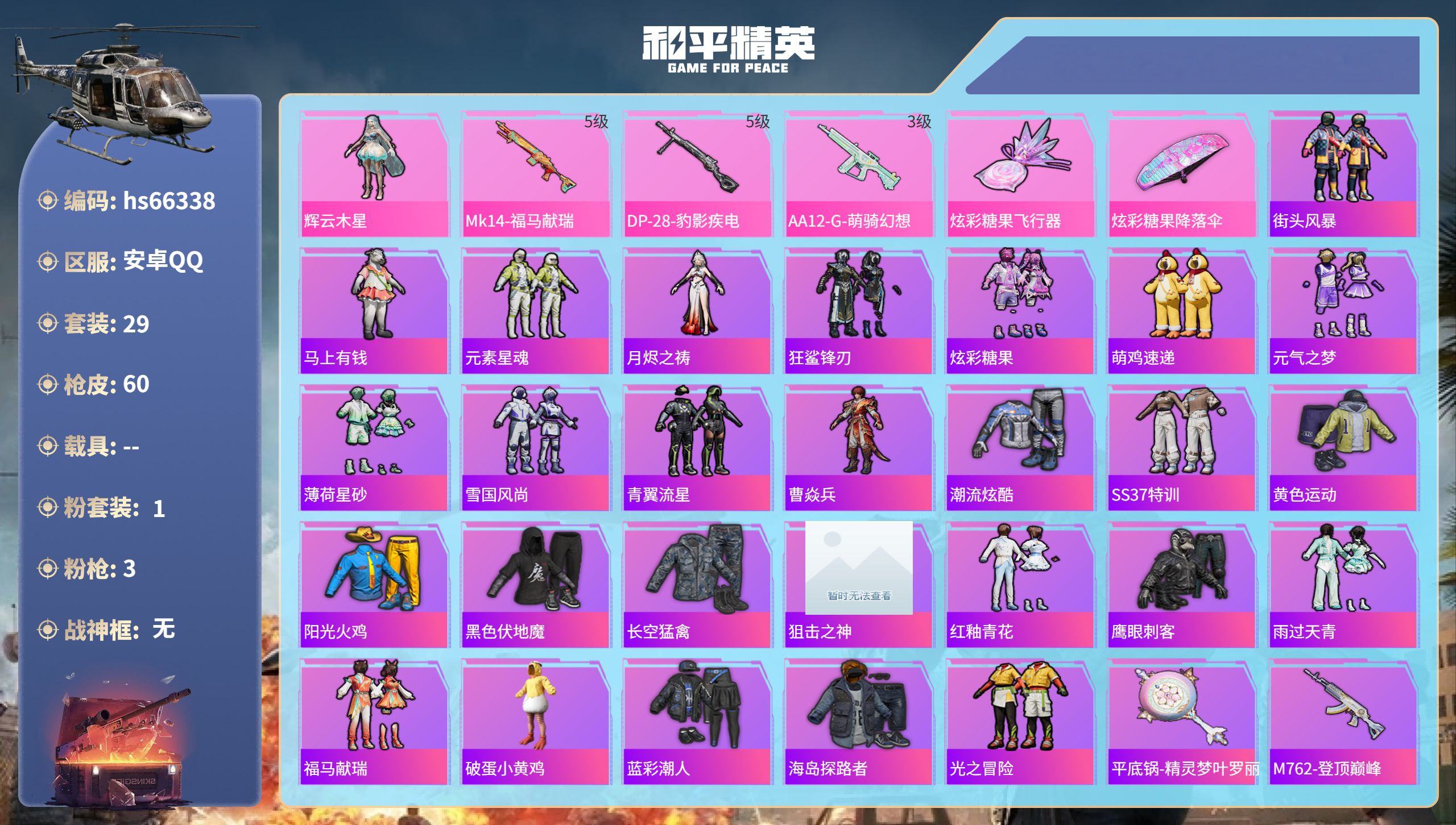 和平精英账号安卓QQhs66338 安卓手Q-0王牌印记-1粉装-3特效枪-13298热力值-29套装-60枪皮
【1粉