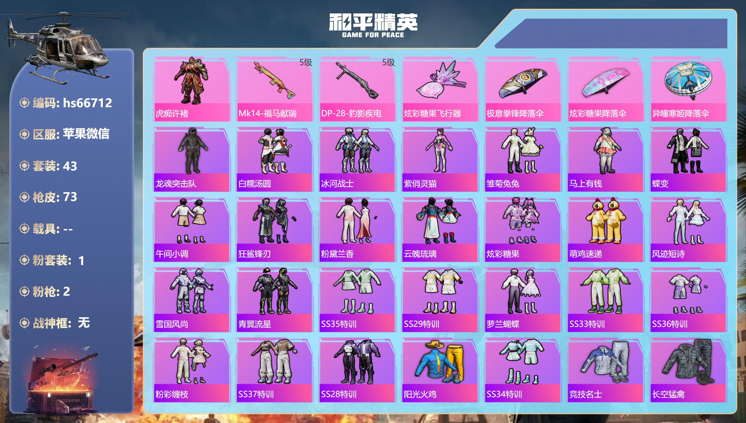 和平精英账号苹果微信hs66712 苹果微信-4王牌印记-1粉装-2特效枪-18991热力值-43套装-73枪皮
【1粉