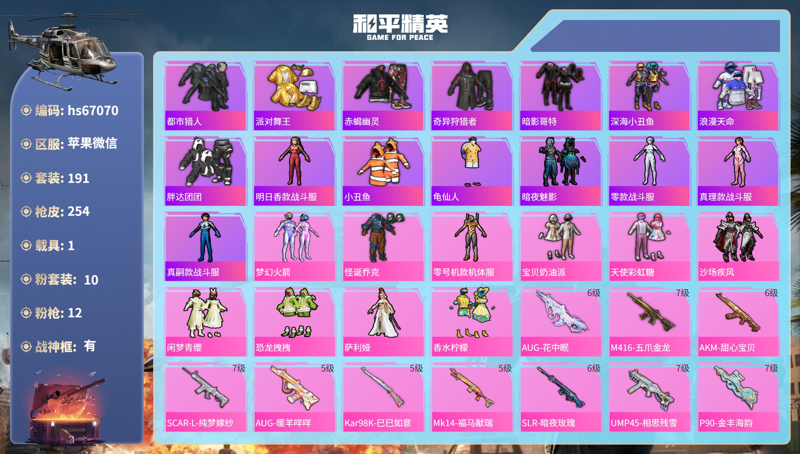 和平精英账号苹果微信hs67070 苹果微信-21王牌印记-有战神框-10粉装-12特效枪-1载具-89162热力值-1