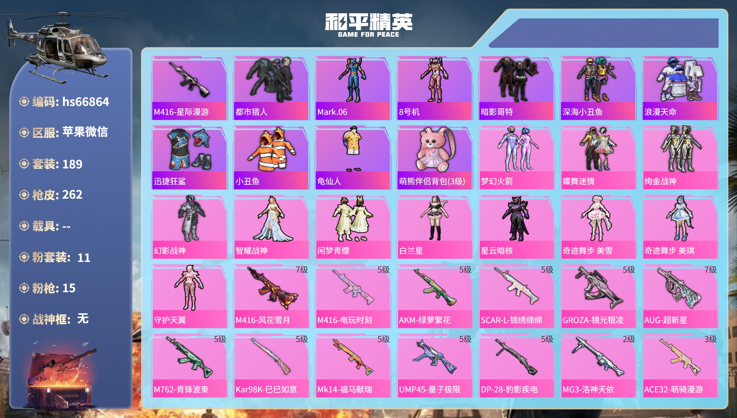 和平精英账号苹果微信hs66864 苹果微信-15王牌印记-11粉装-15特效枪-81823热力值-189套装-262枪