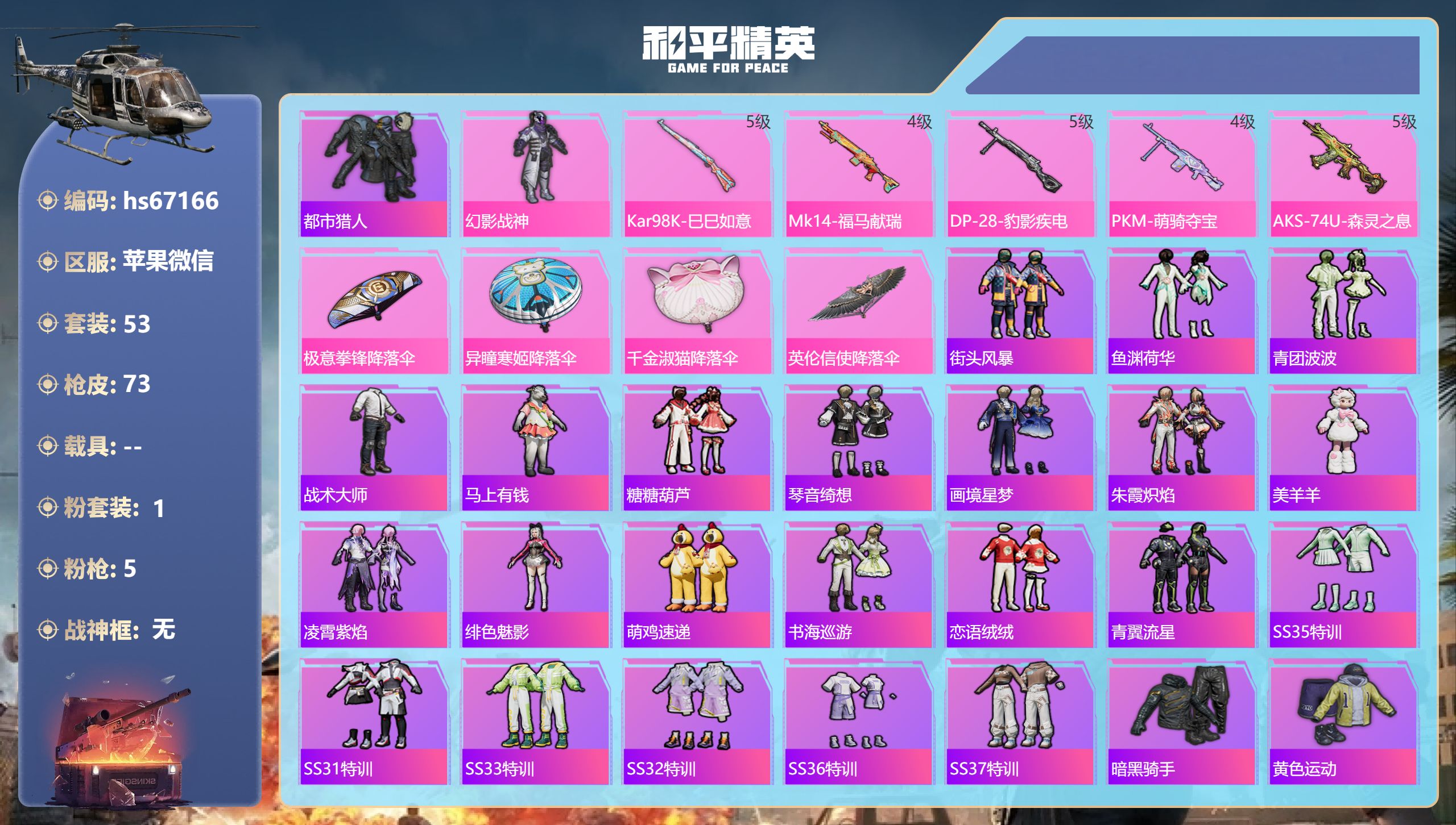 和平精英账号苹果微信hs67166 苹果微信-2王牌印记-1粉装-5特效枪-19538热力值-53套装-73枪皮
【1粉