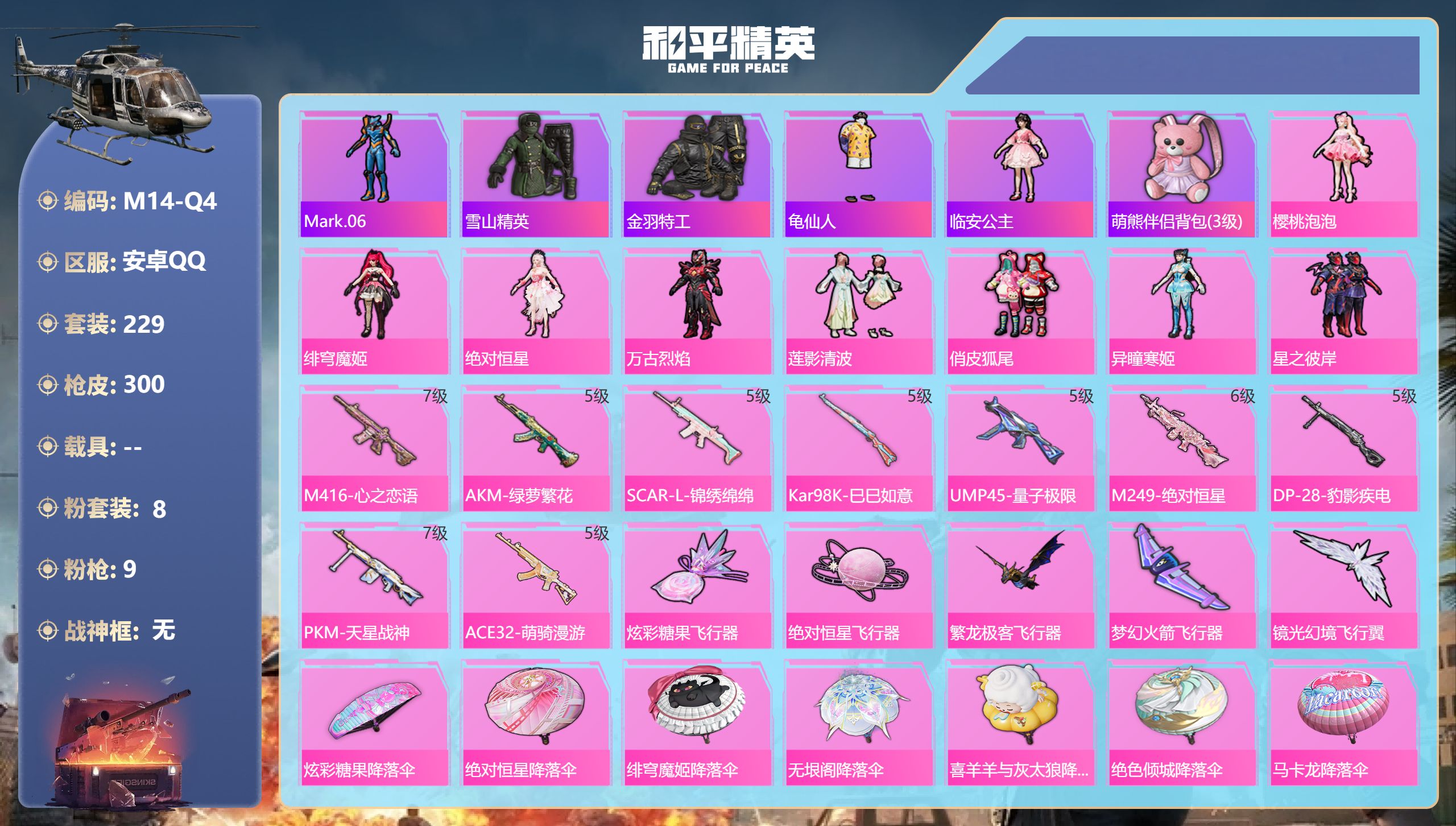 和平精英账号安卓QQ0载具-229套装-300枪皮-s1外套 1稀有8粉装9特效枪14热门229套装300枪皮 8690