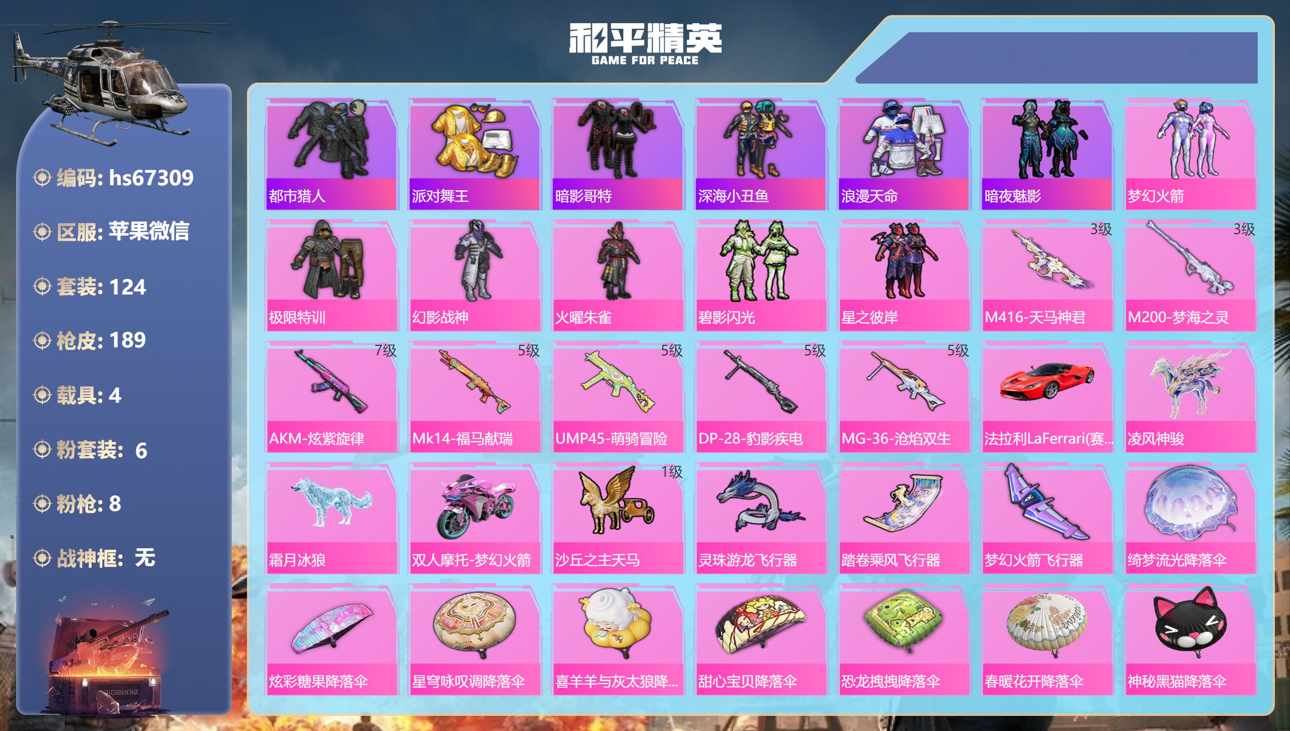 和平精英账号苹果微信hs67309 苹果微信-4王牌印记-6粉装-8特效枪-4载具-63099热力值-124套装-189