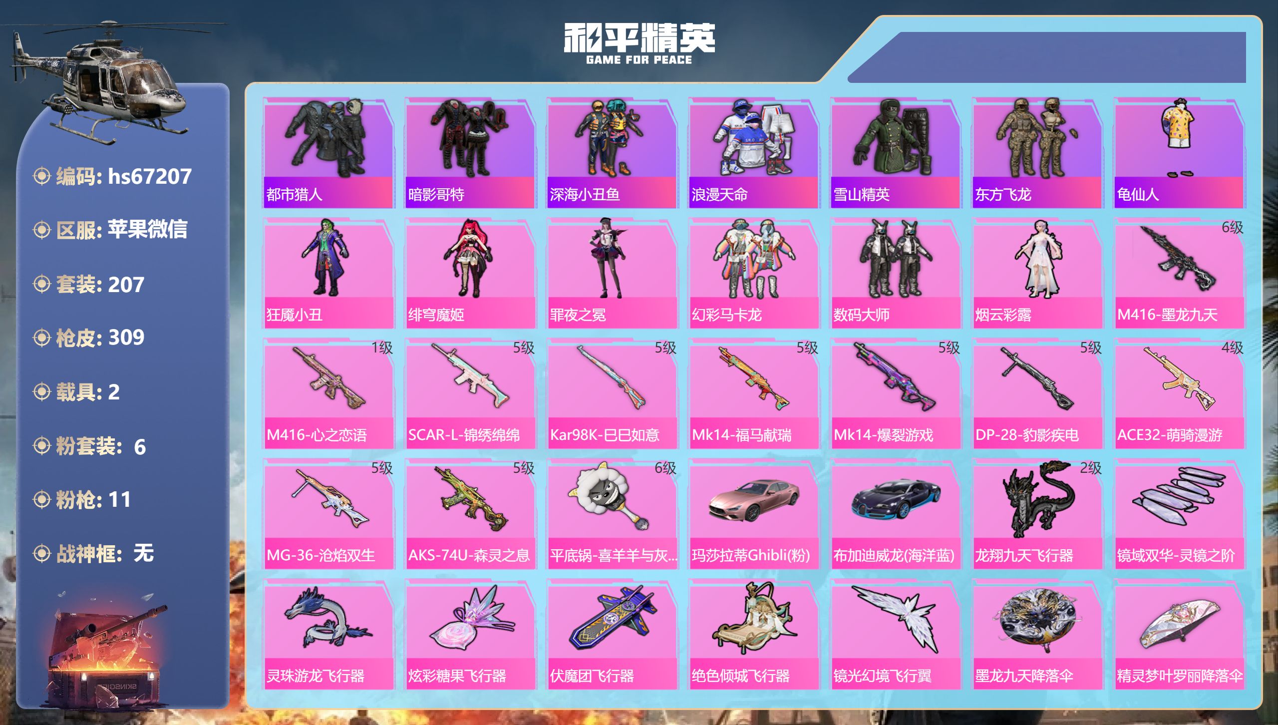 和平精英账号苹果微信hs67207 苹果微信-11王牌印记-6粉装-11特效枪-2载具-94113热力值-207套装-3