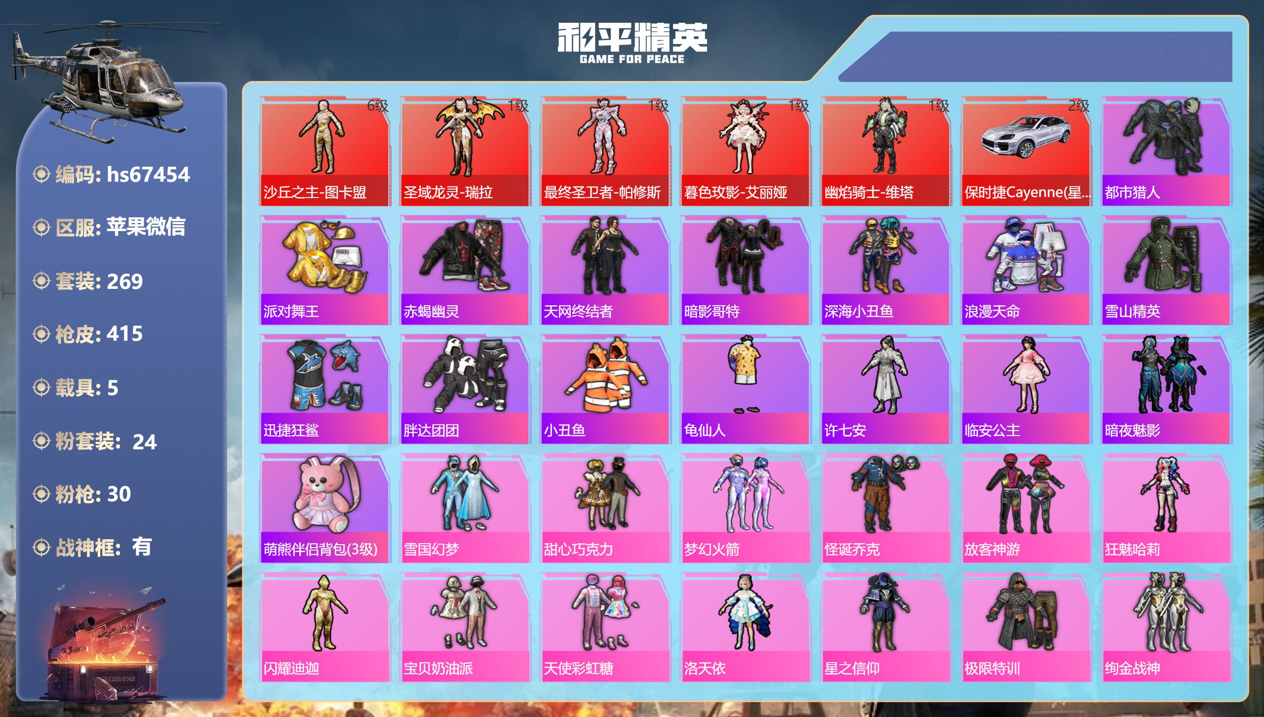 和平精英账号苹果微信苹果微信-22王牌印记-有战神框-5红装-24粉装-30特效枪-5载具-热力值-269套装-415枪
